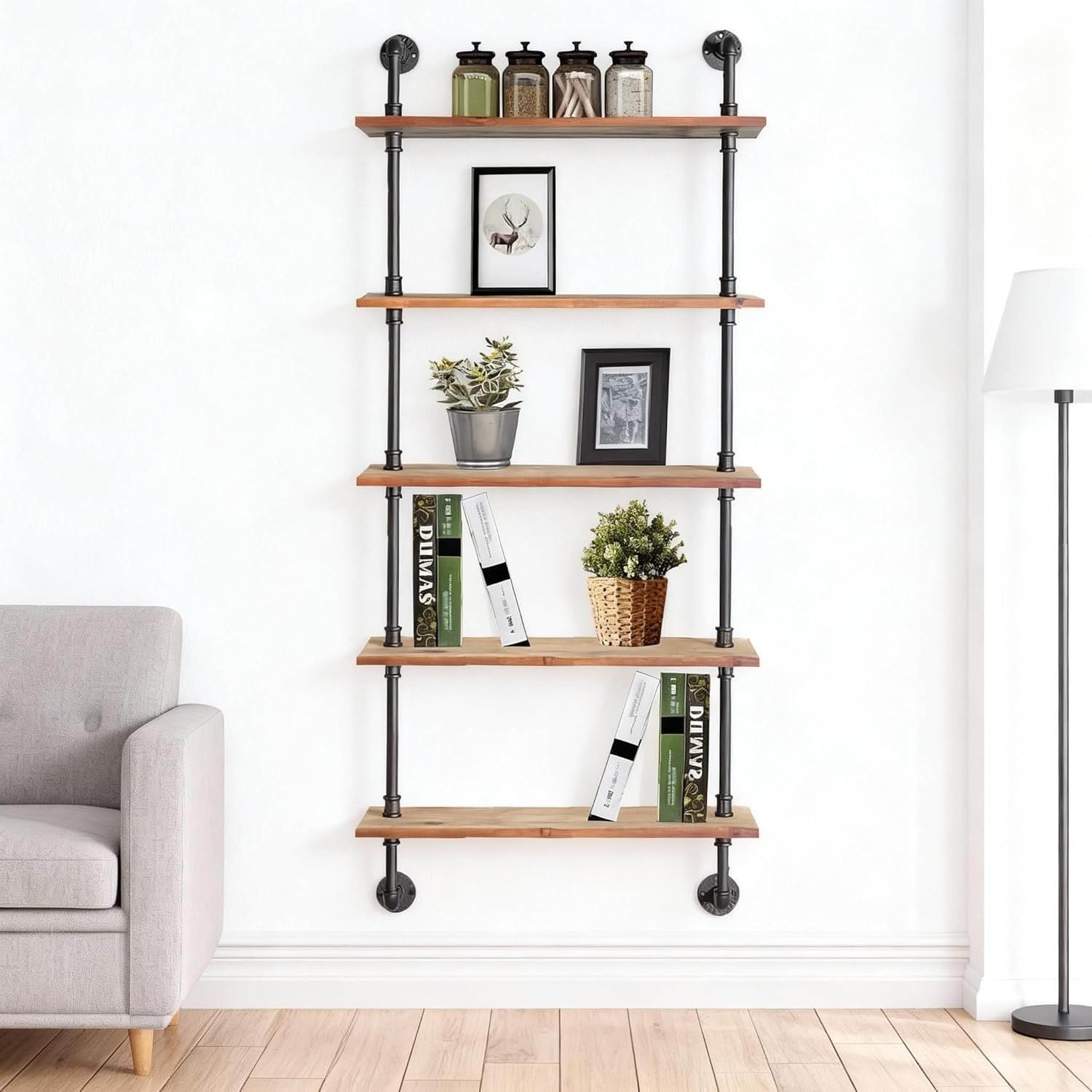 Industrial Pipe Shelving, 24inch Pipe Shelves with Wood Planks, 5 Tier Floating Shelves Wall Mounted Steampunk Real Wood Book Shelves, Retro Rustic Industrial Shelf for Bar Kitchen Living Room - Image 6