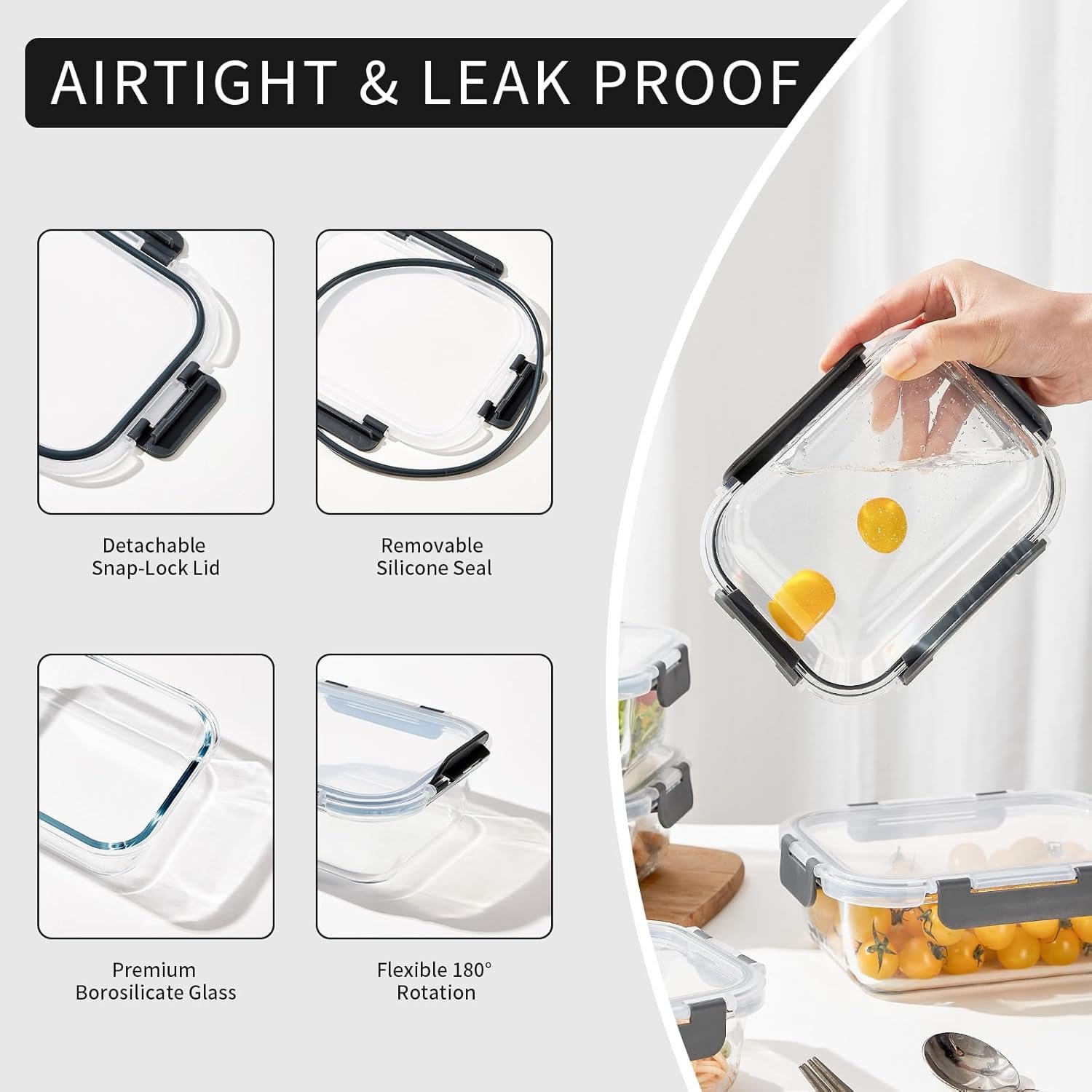 10 Pack 22 oz Glass Meal Prep Containers, Glass Food Storage Containers with Lids, Reusable Airtight Leakproof Lunch Bento Boxes Freezer, Microwave Oven and Dishwasher, Gray - Image 4