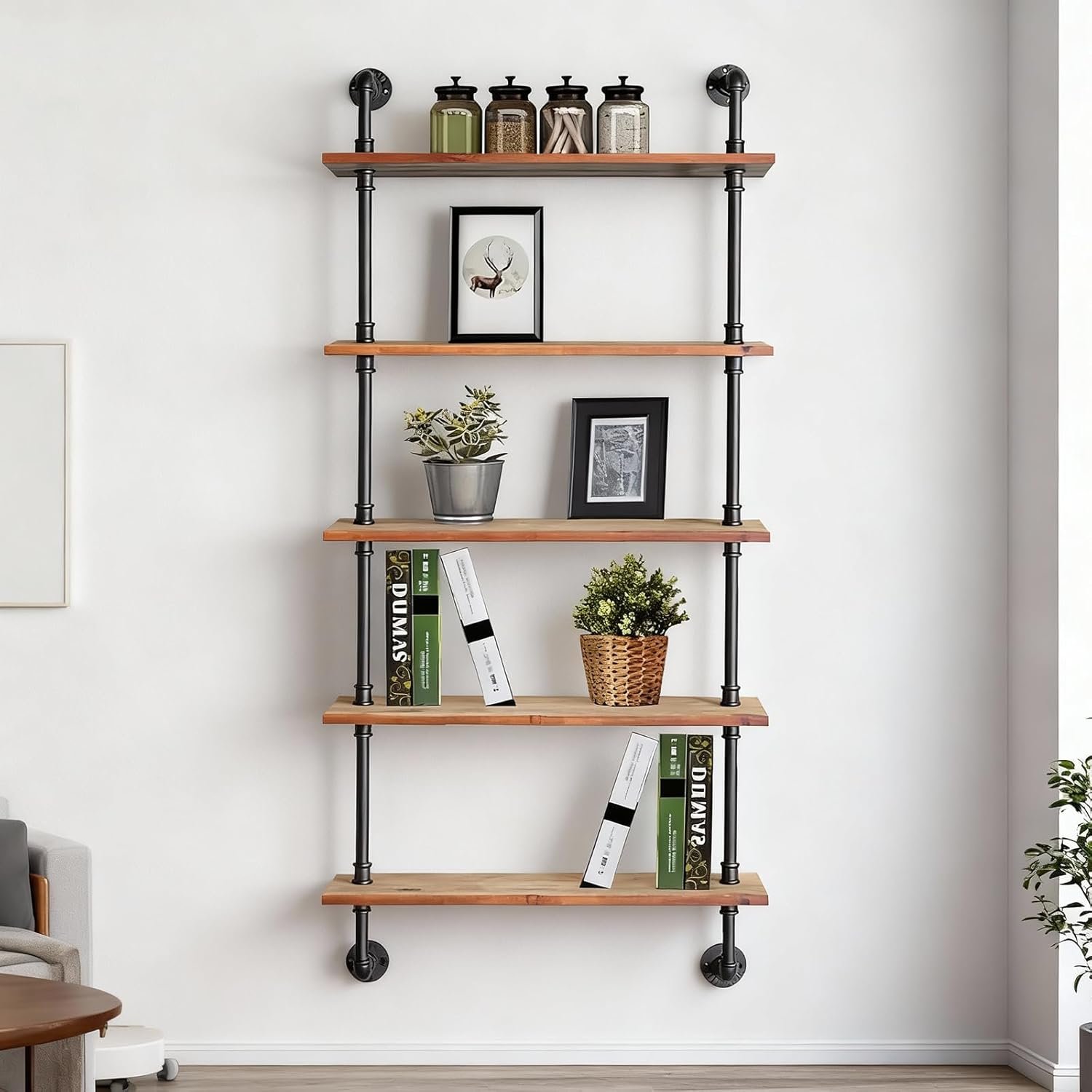 Industrial Pipe Shelving, 24inch Pipe Shelves with Wood Planks, 5 Tier Floating Shelves Wall Mounted Steampunk Real Wood Book Shelves, Retro Rustic Industrial Shelf for Bar Kitchen Living Room - Image 8