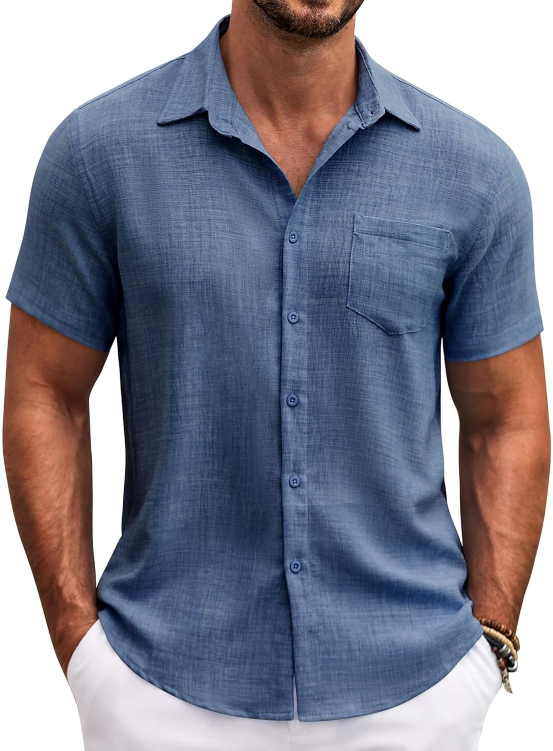 COOFANDY Mens Button Down Short Sleeve Shirt Casual Shirts Summer Beach Textured Shirts with Pocket - Image 2