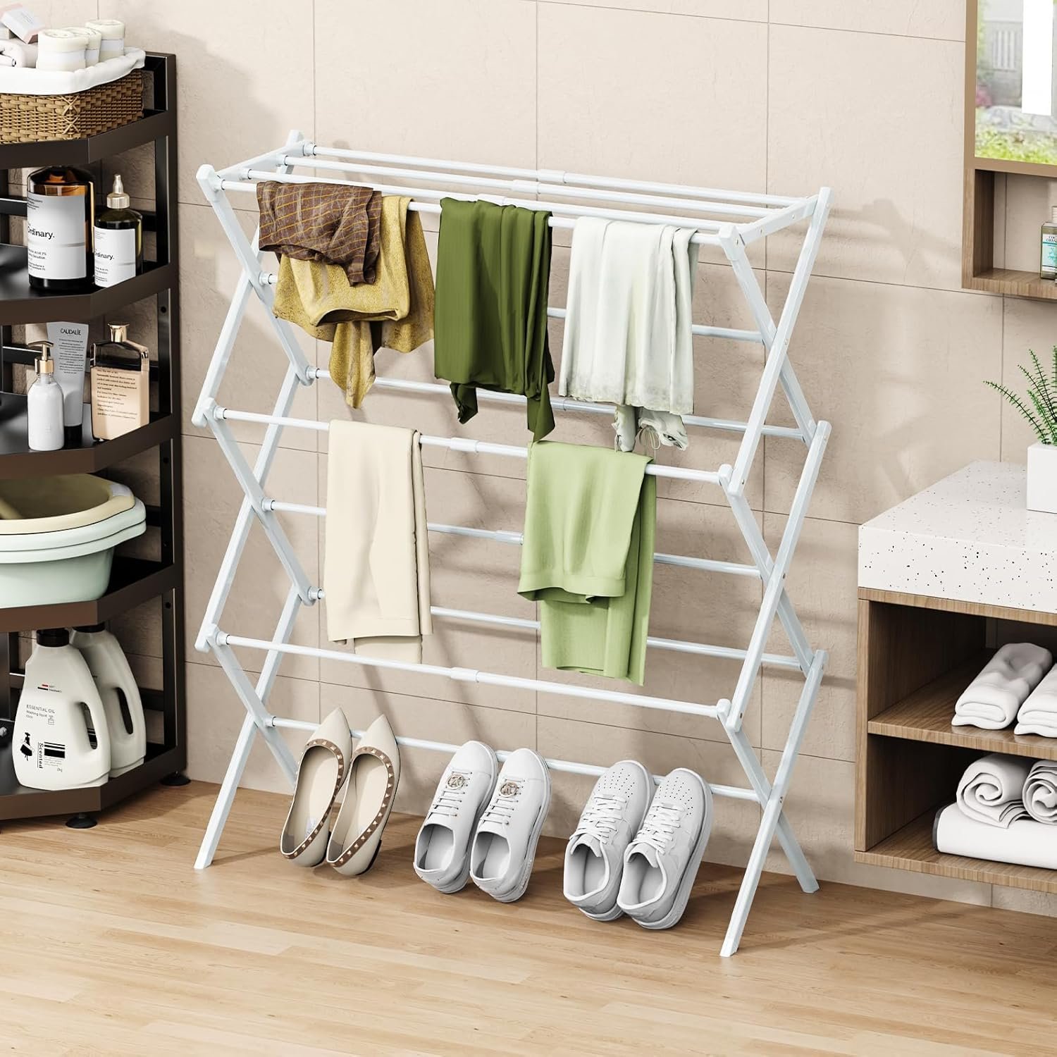 Foldable Drying Rack Clothing, 3-Tier Portable Clothes Drying Racks for Indoor & Outdoor, Anti-Rust Compact Laundry Rack Collapsible, White 29" D x 14" W x 41" H - Image 9