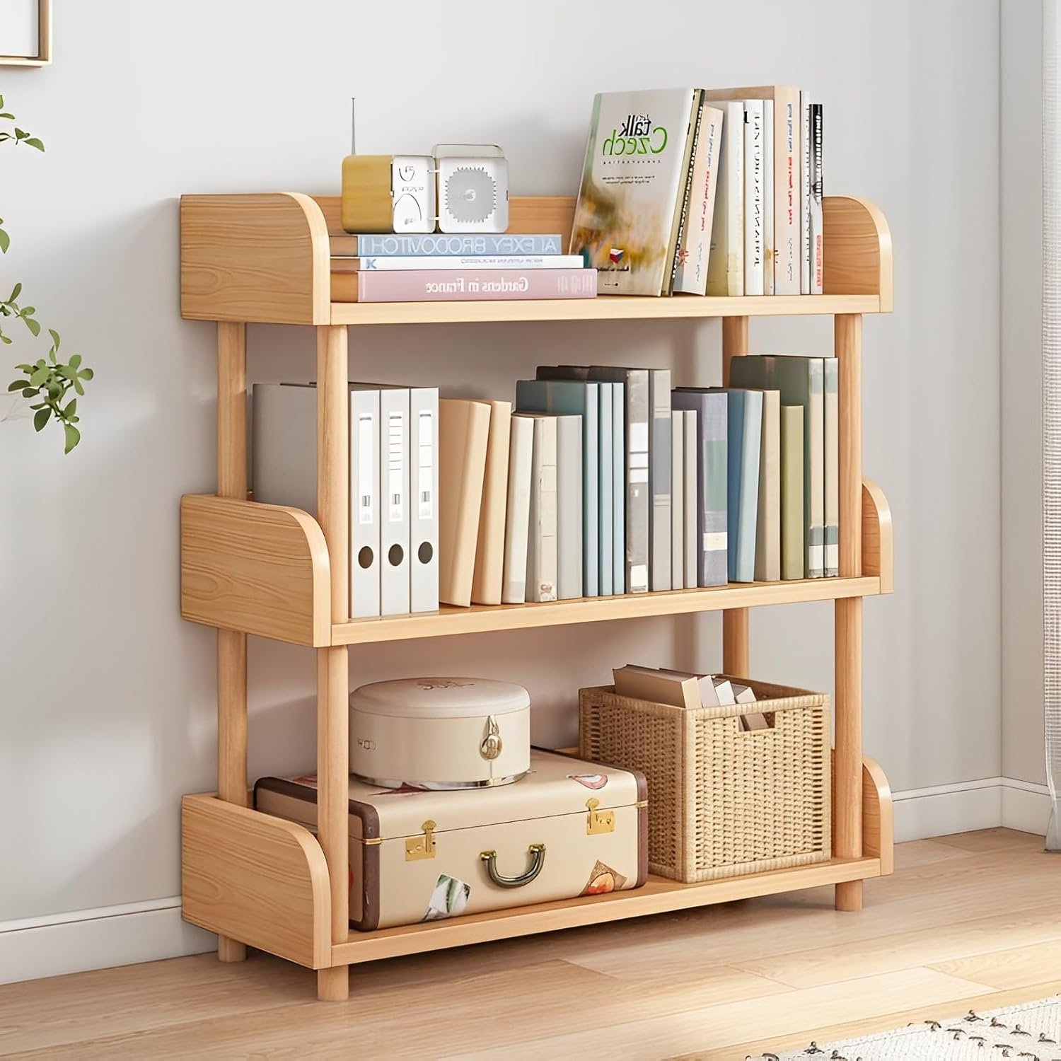 3-Tier Wooden Open Bookcase - Modern Display Bookshelf with Top Edge and Solid Wood Frame for Home and Office, Storage Cabinet, Oak - Image 2