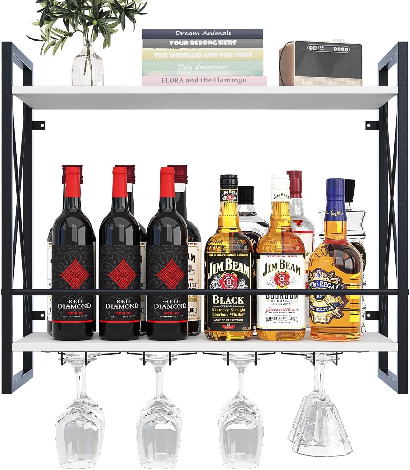 Dokser Wine Rack Wall Mounted 2 Tier Shelf, Wall Wine Rack with Rustic Wood & Industrial Iron Frame, Wine Bottle Holder for Kitchen, Dining Room, Home Bar Decor (White) - Image 2