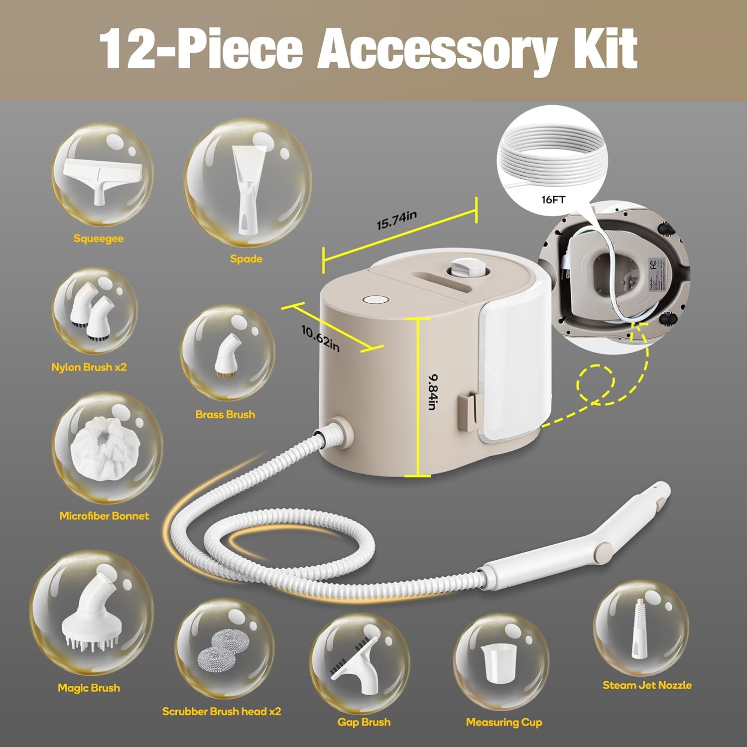 Newbealer Heavy-Duty Steam Cleaner for Home, Stainless Steel Boiler, 12-Piece Accessory Kit, Max 5 Bar Pressure, Multi-Purpose Steamer for Floors, Cars, Furniture, Upholstery, and More - Image 10