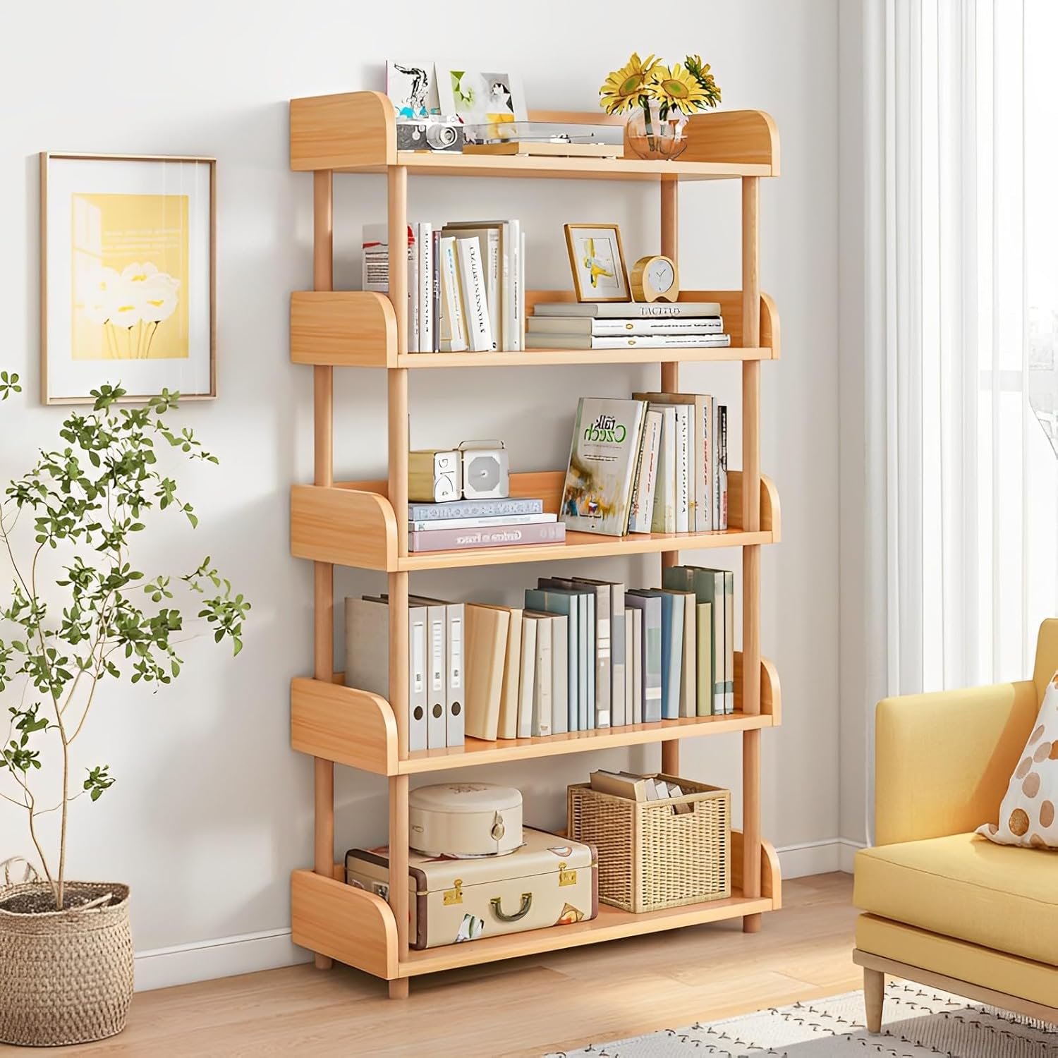 5-Tier Wooden Open Bookcase - Modern Display Bookshelf with Top Edge and Solid Wood Frame for Home and Office, Storage Cabinet, Oak - Image 2