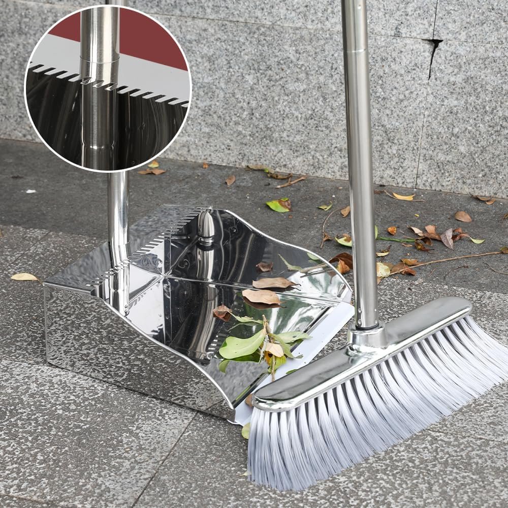 Metal Dustpan with Broom Set, Long Handle Stainless Steel Dustpan,Heavy Duty Standing Dust Pan with Teeth, Indoor Outdoor Up for Home Kitchen Lobby Room Office - Image 4