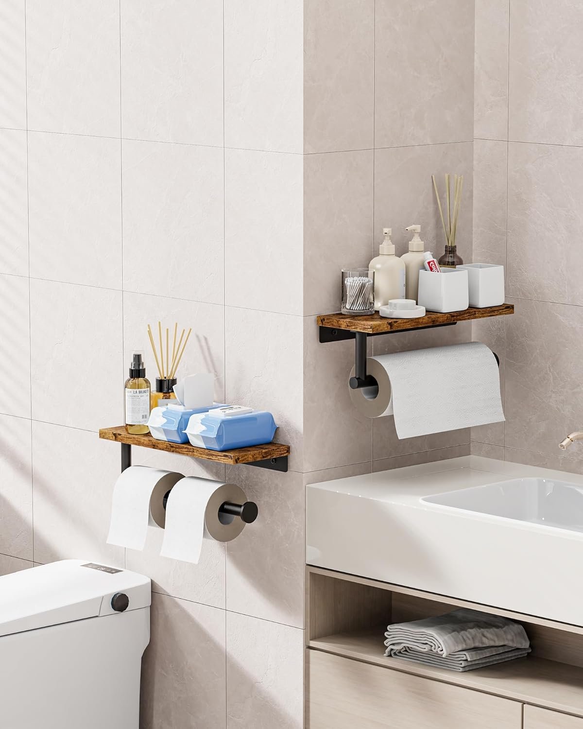 Paper Towel Holder Wall Mount with Shelf - Wooden Hanging Paper Towel Holder for Bathroom, Wall Mounted Hand Towel Holder, Paper Towel Rack for Bathroom, Kitchen, Laundry Room, Rustic Brown - Image 3