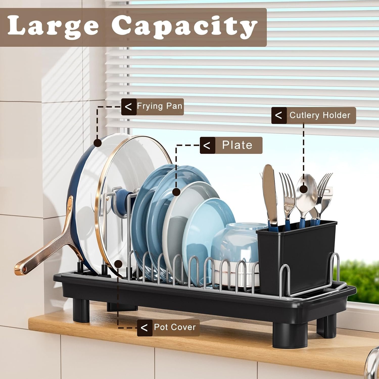 Compact Dish Drying Rack with Utensil Holder – Small Countertop Dish Drainer with 360° Rotating Drain Spout, Stainless Steel Dish Rack for Kitchen Sink, Space-Saving Design for Small Kitchen - Image 5