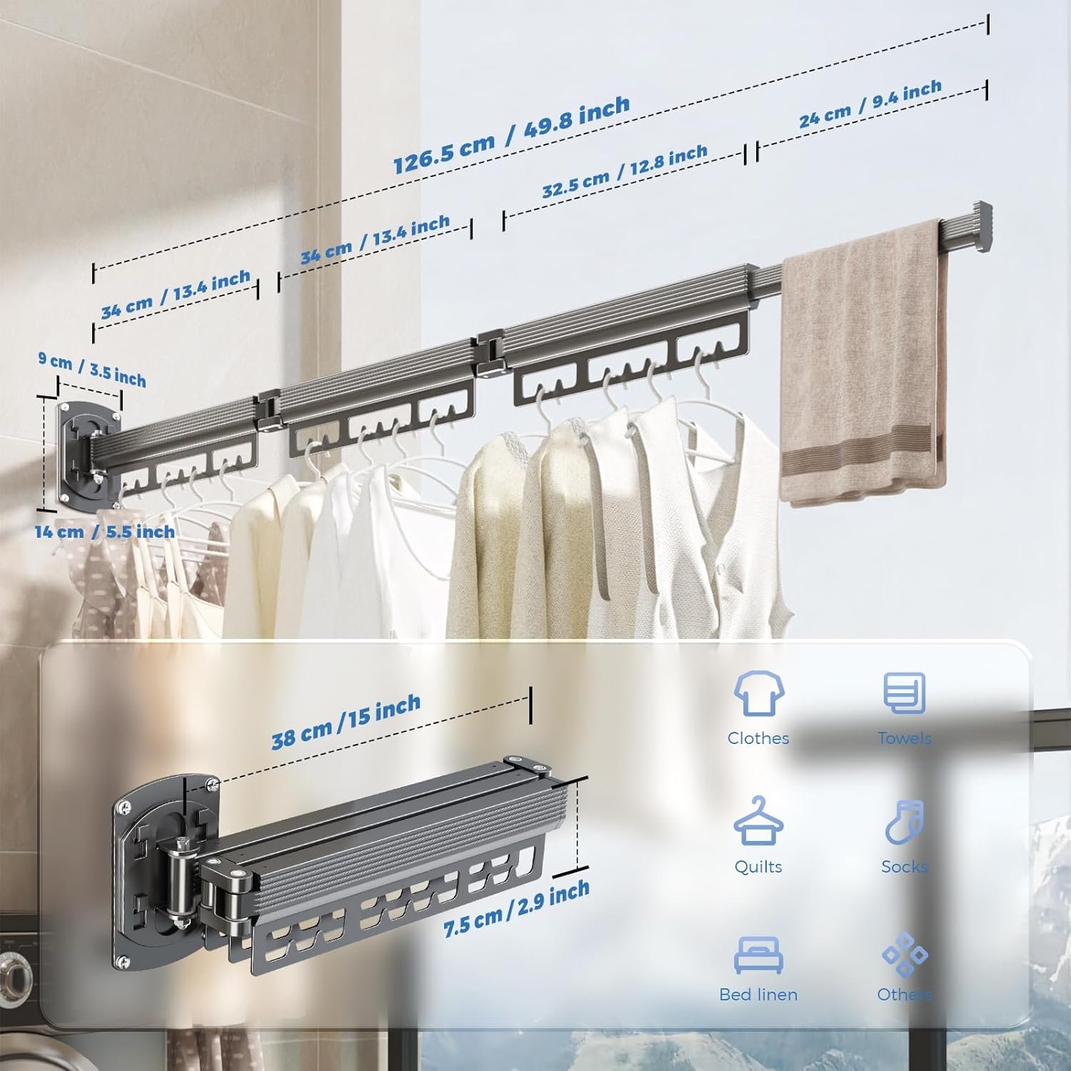 Clothes Drying Rack Wall Mounted,Expandable Drying Rack Clothing(Tri-Fold),Laundry Space Saver Wall Mounted,Portable,Space-Saving Drying Rack,for Balcony,Laundry,Bathroom, 220 lb Capacity - Image 8