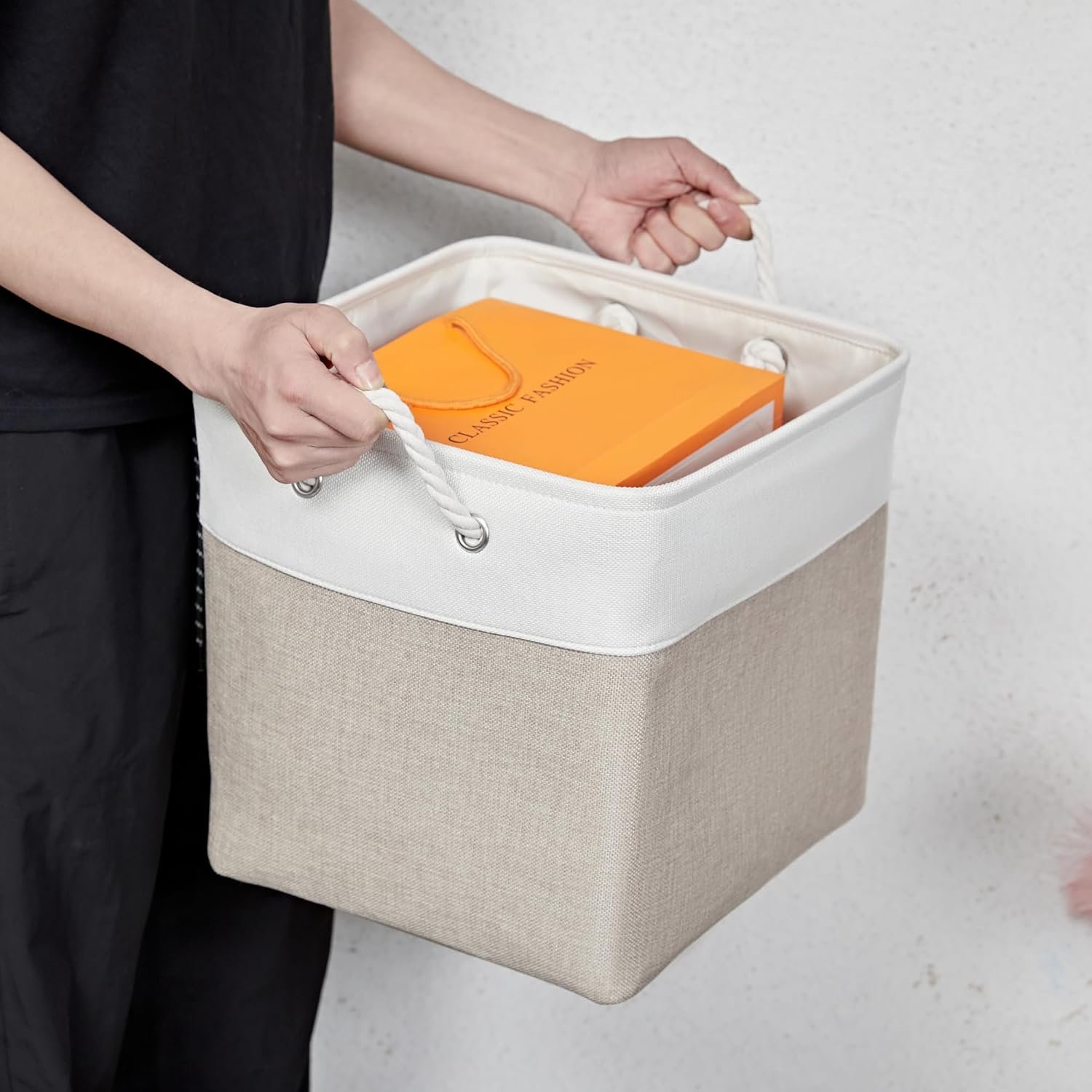 13 x 13 Inch Storage Cubes,6 Pack Cube Storage Bins for Shelves,Fabric Collapsible Storage Bins with Handles, Foldable Storage Basket for Organizing Clothes, Toys, Books (White&Beige) - Image 7