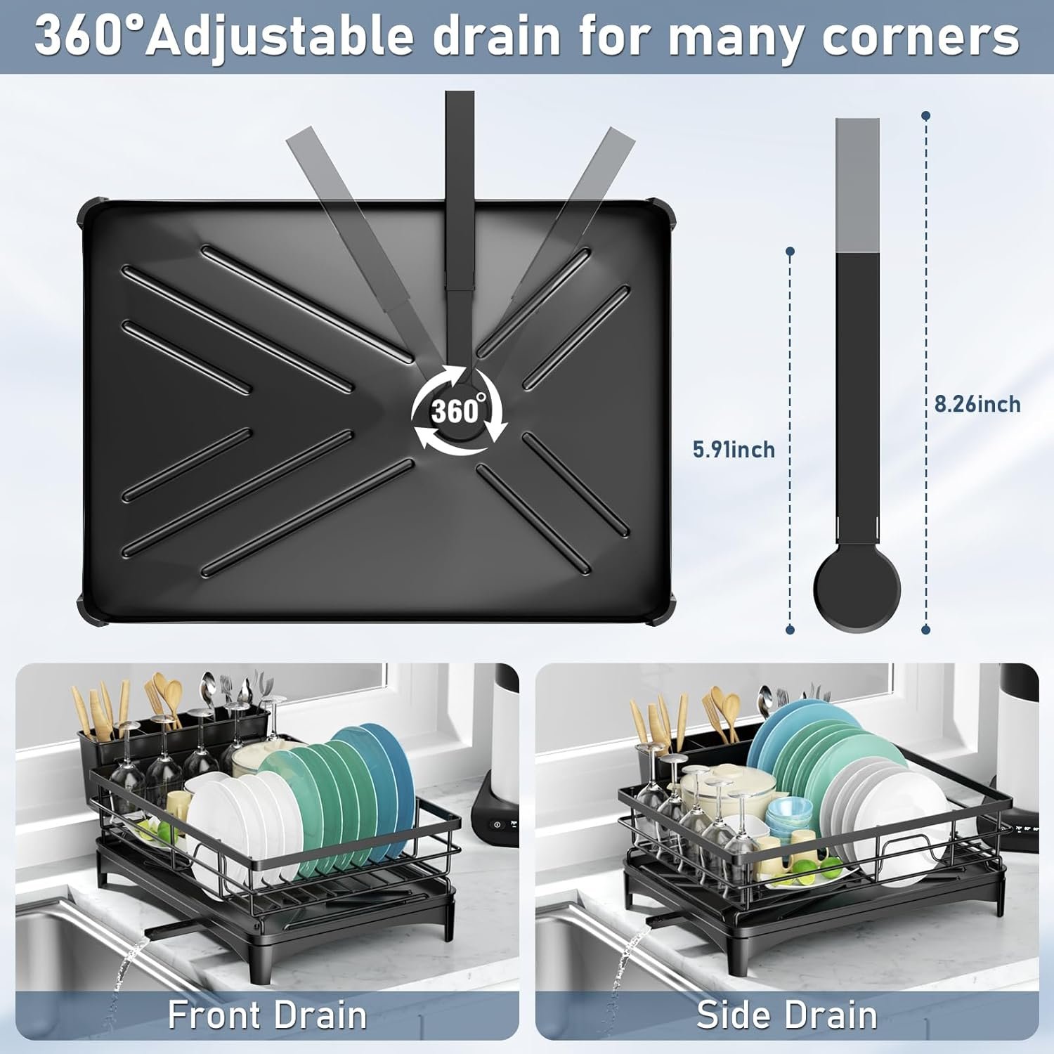 Black Stainless Steel Dish Drying Rack for Kitchen Counter, Space-Saving Dish Drainer with Drainboard, Utensil Holder & Collapsible Design - Image 5