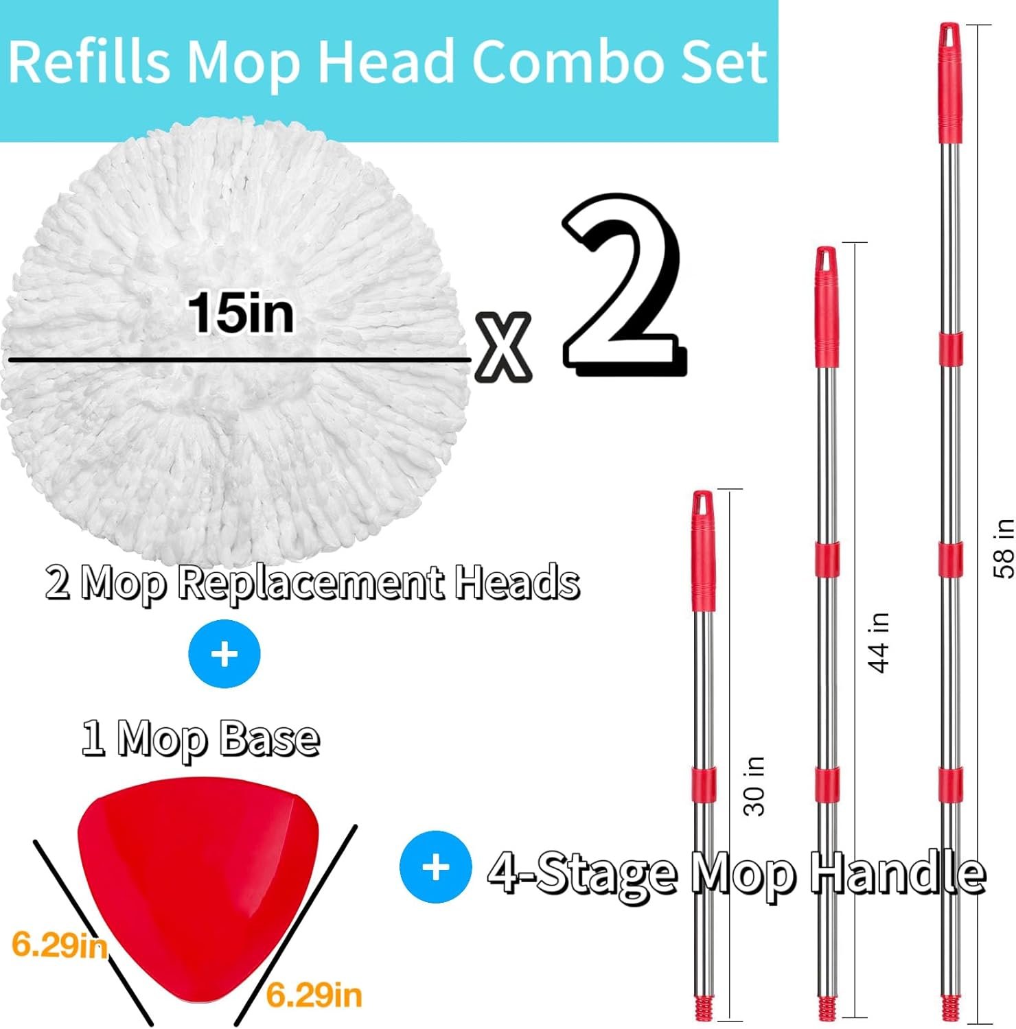 2 Pack Spin Mop Replacements Head Compatible for O ceda EasyWring 1 Tank System, Microfiber Mops Refills Hardwood Floor Cleaning, Base and 30-58in Handle Set Combo - Image 4