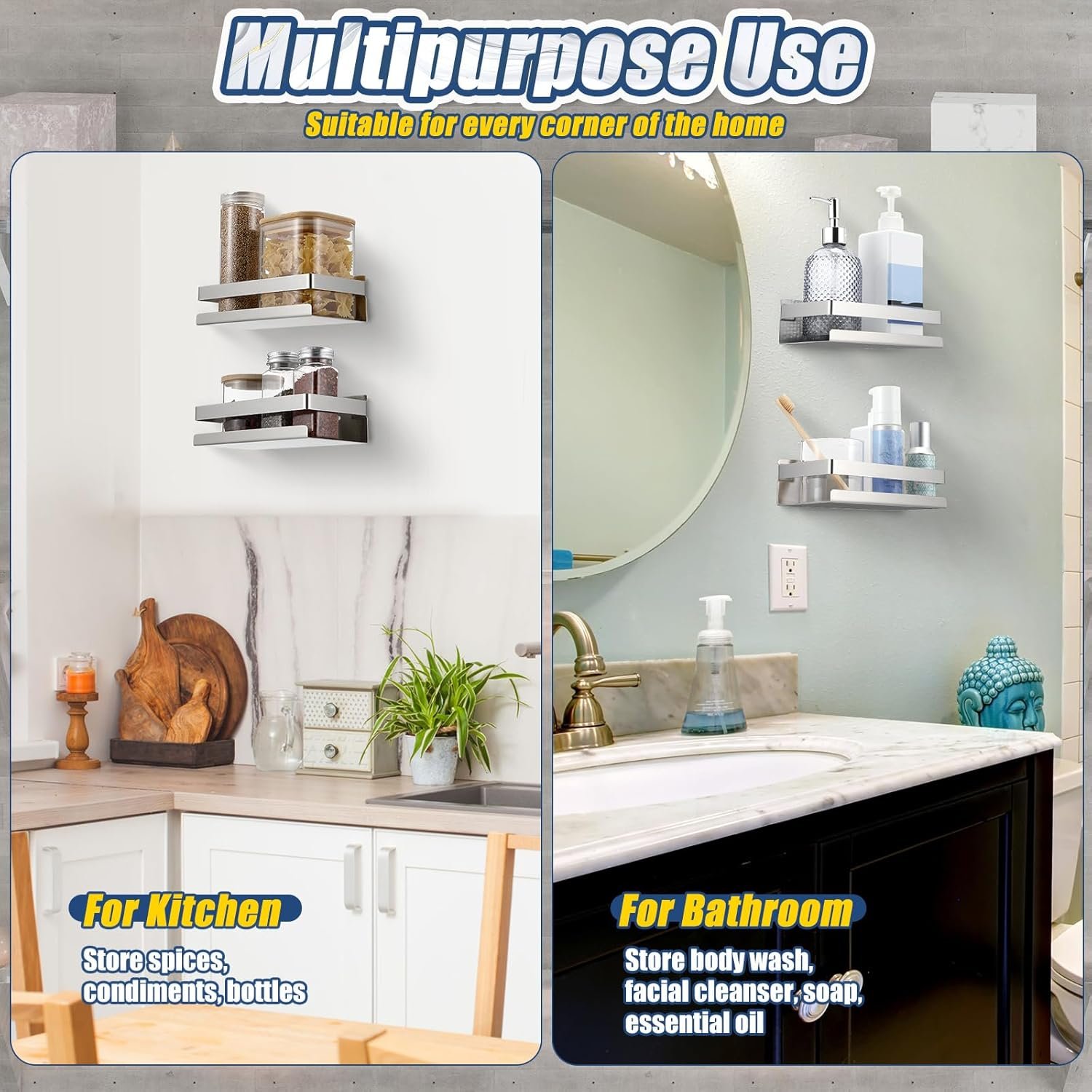 Lallisa 2 Pieces Stainless Steel Shelf Bathroom Shower Floating Shelves Wall Mounted Shower Caddy Basket Shelf Storage Organizer Shelves for Bathroom, Kitchen, Living Room (7.87 Inches/ 20 cm,Silver) - Image 8