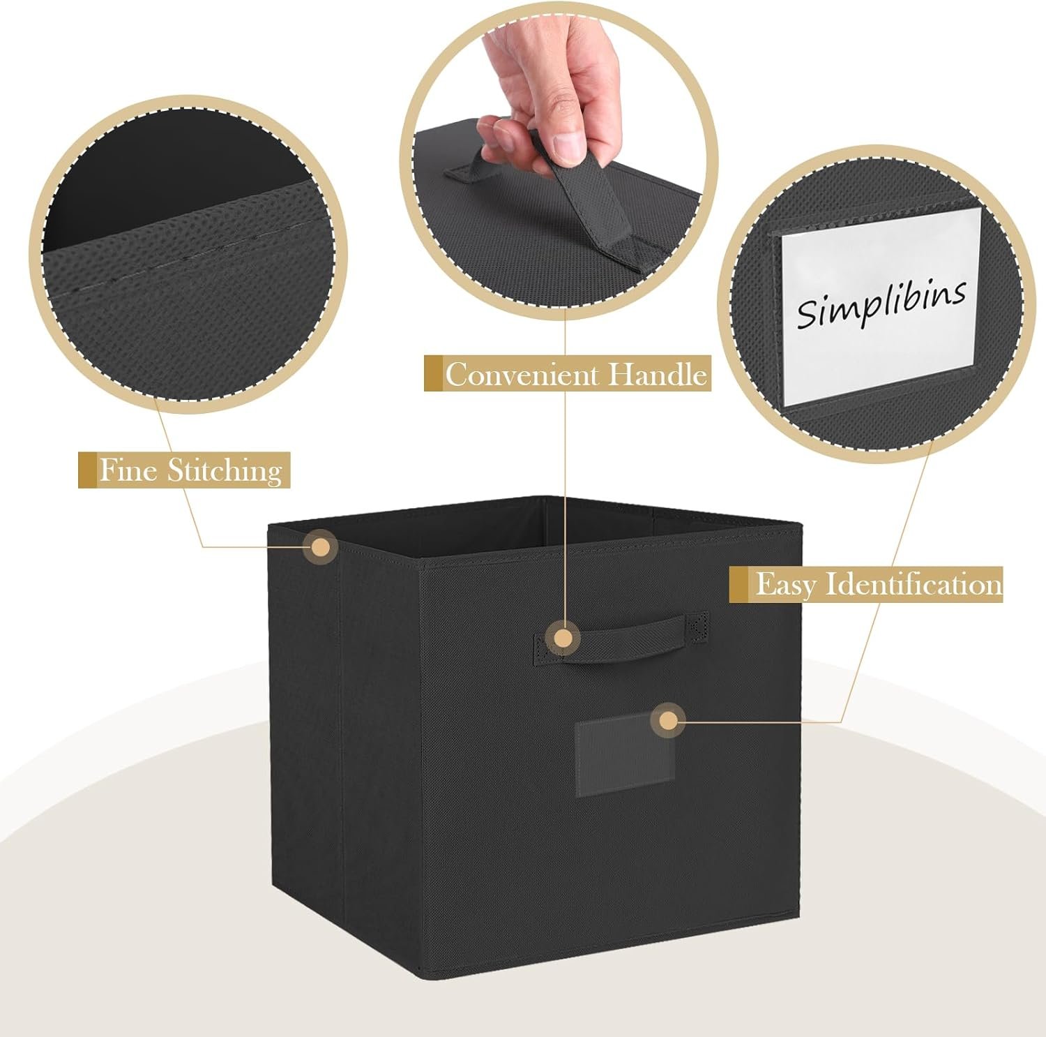 13x13x13 Storage Cubes Bins 6 Pack, Collapsible Fabric Storage Bins with Fabric Handle, Simple Cubical Storage Boxes for Cube Organizer, Shelf and Closet Storage (Black) - Image 5
