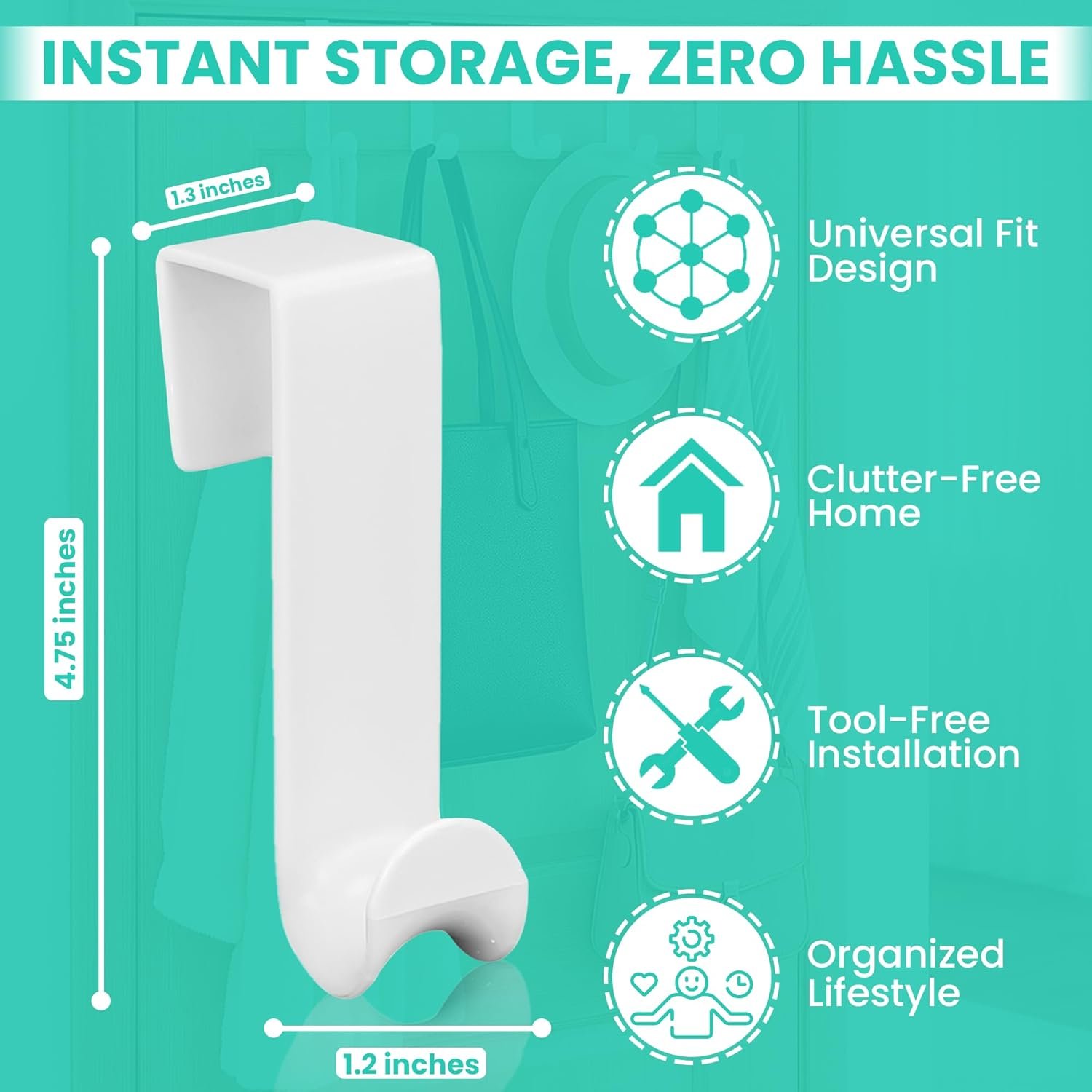 Iconikal 6-Pack Over The Door Hooks Plastic White Valet Hanger for Coats Towels Robes Bags Bathroom Bedroom Closet Organizer No Tools Bulk Pack - Image 4