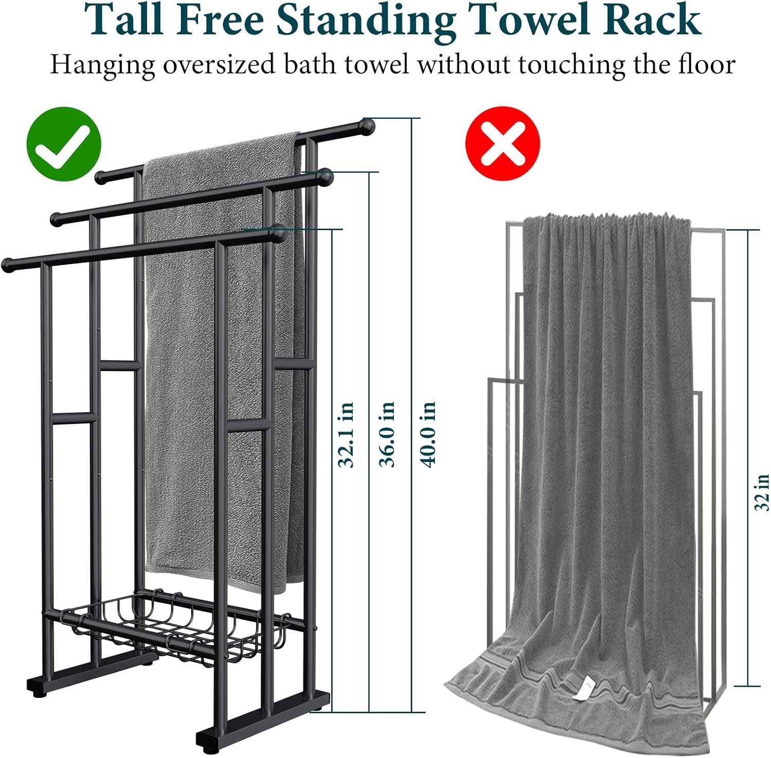 Kayfia 40" H Free Standing Towel Rack, 3 Tier Alloy Steel Stand with Basket, Blanket Drying and Display Rack for Oversized Bath Towels Bathroom Accessories, Next to Tub or Shower - Image 3