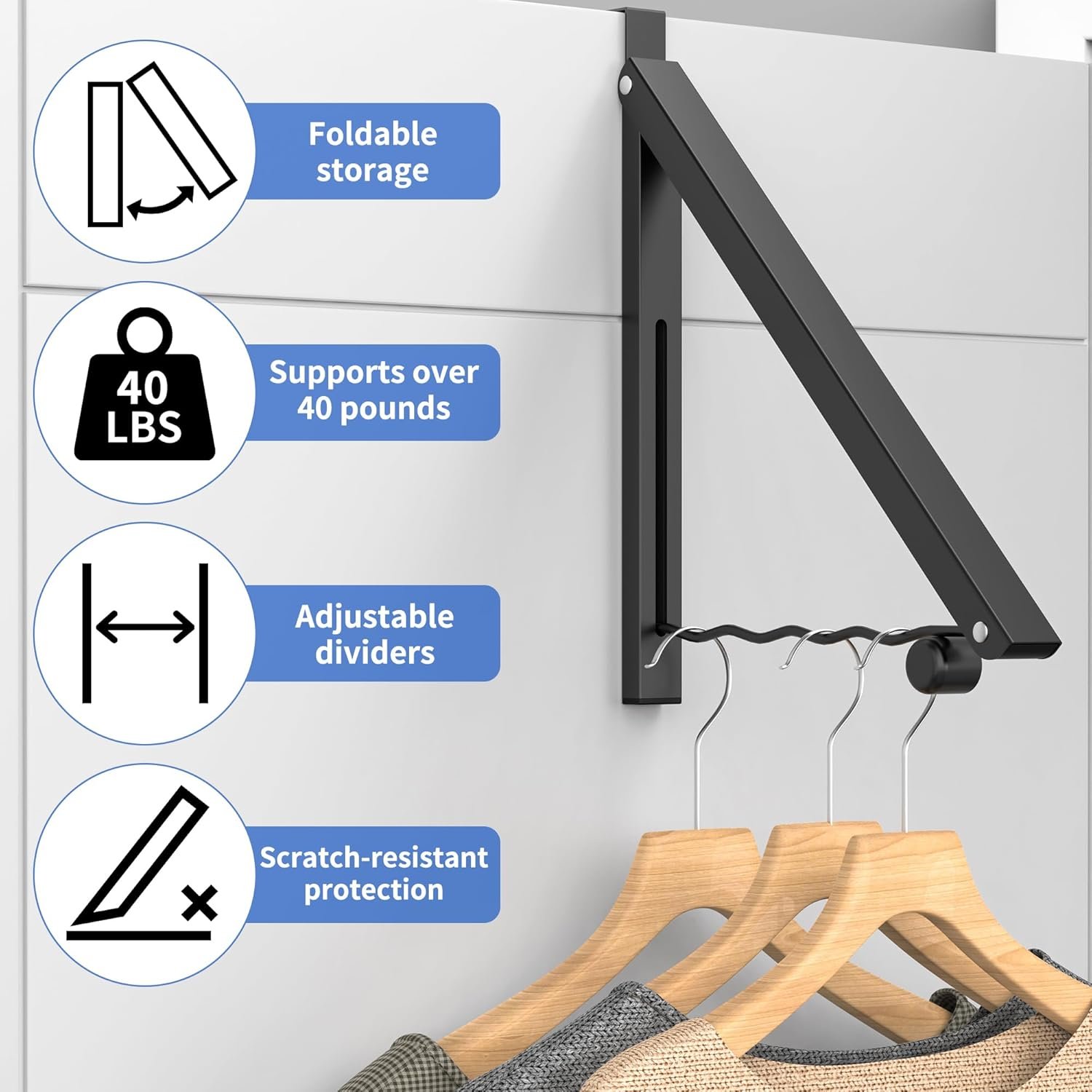 Over The Door Drying Racks for Laundry, Expandable Foldaway Clothes Rail, Suitable for Doors in Bedrooms, Dorms, and Bathrooms, 2 Racks and a Rod, Black - Image 3