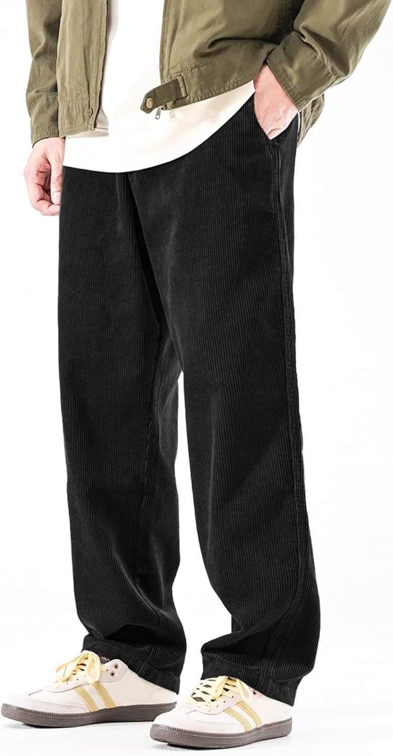 PLEPAN Mens Corduroy Pants Baggy Wide Leg Casual Elastic Waist Drawstring Loose Fit Sweatpants - Image 2