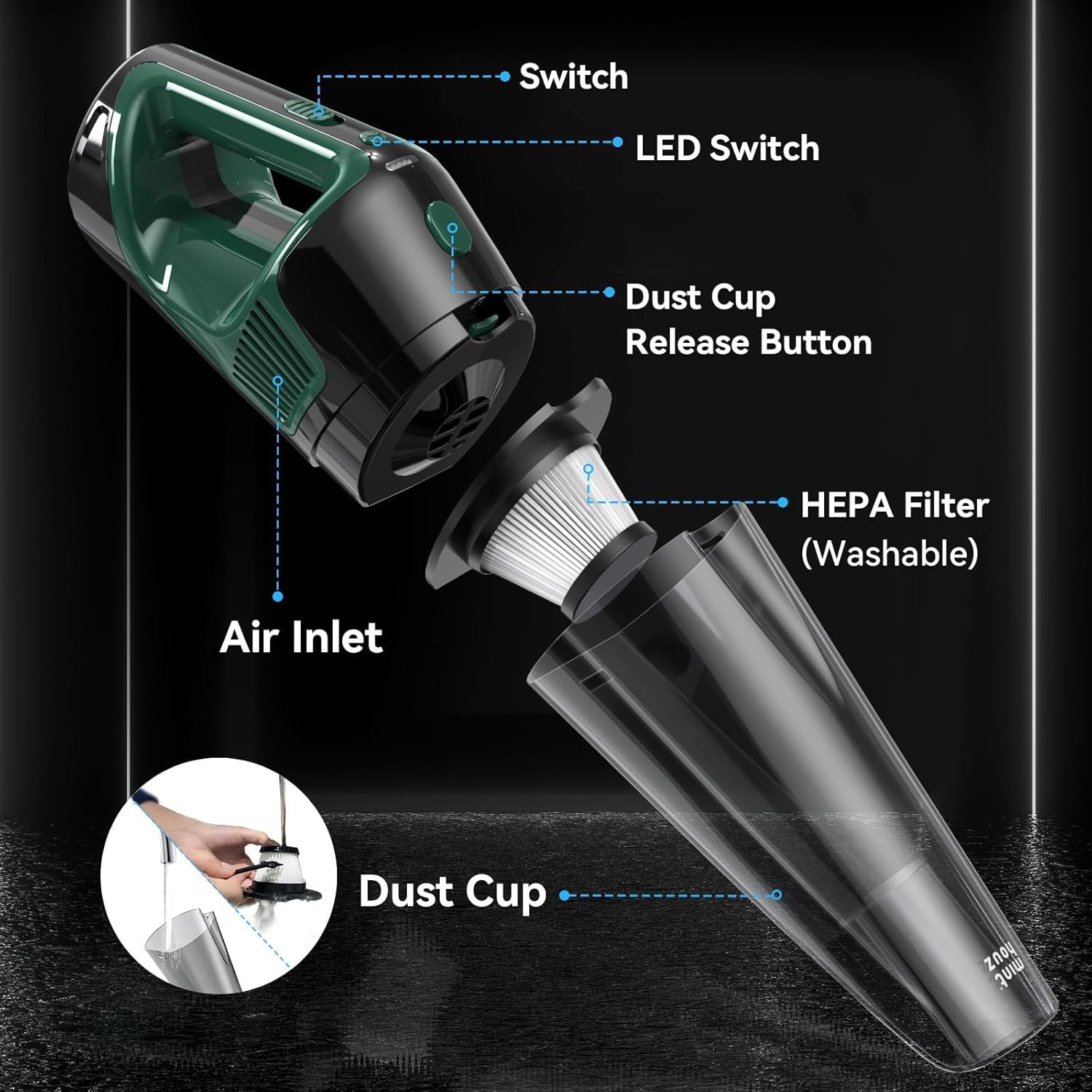 Minthouz Handheld Vacuum Cordless, Strong Suction Car Vacuum Cleaner with LED Light, Long Runtime Hand Vacuum Cordless Rechargeable, Hand Held Vac with Charging Base for Home/Car/Pet/Office - Image 9