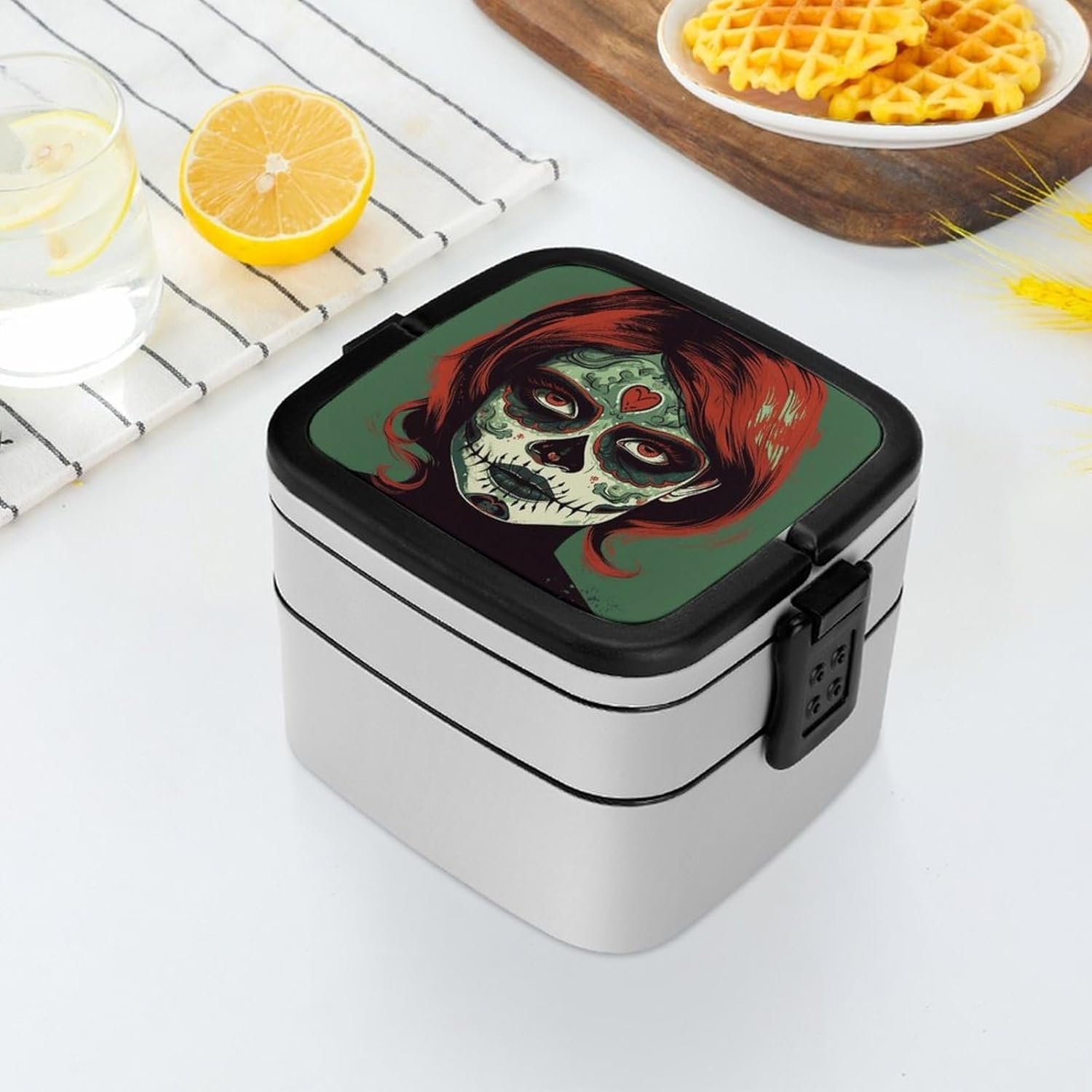 Skull Makeup Bento Box with Spoon, 2-layer Stackable Lunch Box Leak Proof with Invisible Handle, Insulated Food Storage for Office, Picnic & Travel - Image 7