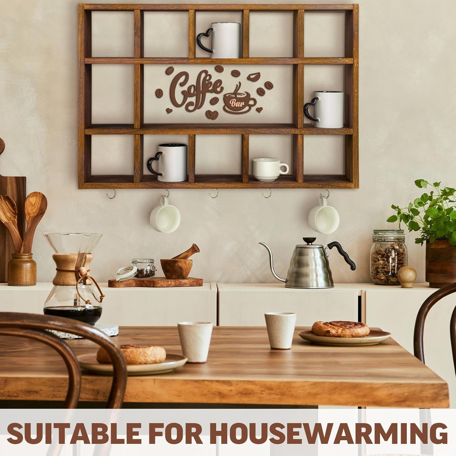 Oversize Coffee Mug Display Shelf for Wall Wood Coffee Mug Rack Wall Mounted Shelf Cubes Cup Hooks Hanger with Bar Sign Decor for Kitchen Station Bar Accessories(Rustic Brown) - Image 6