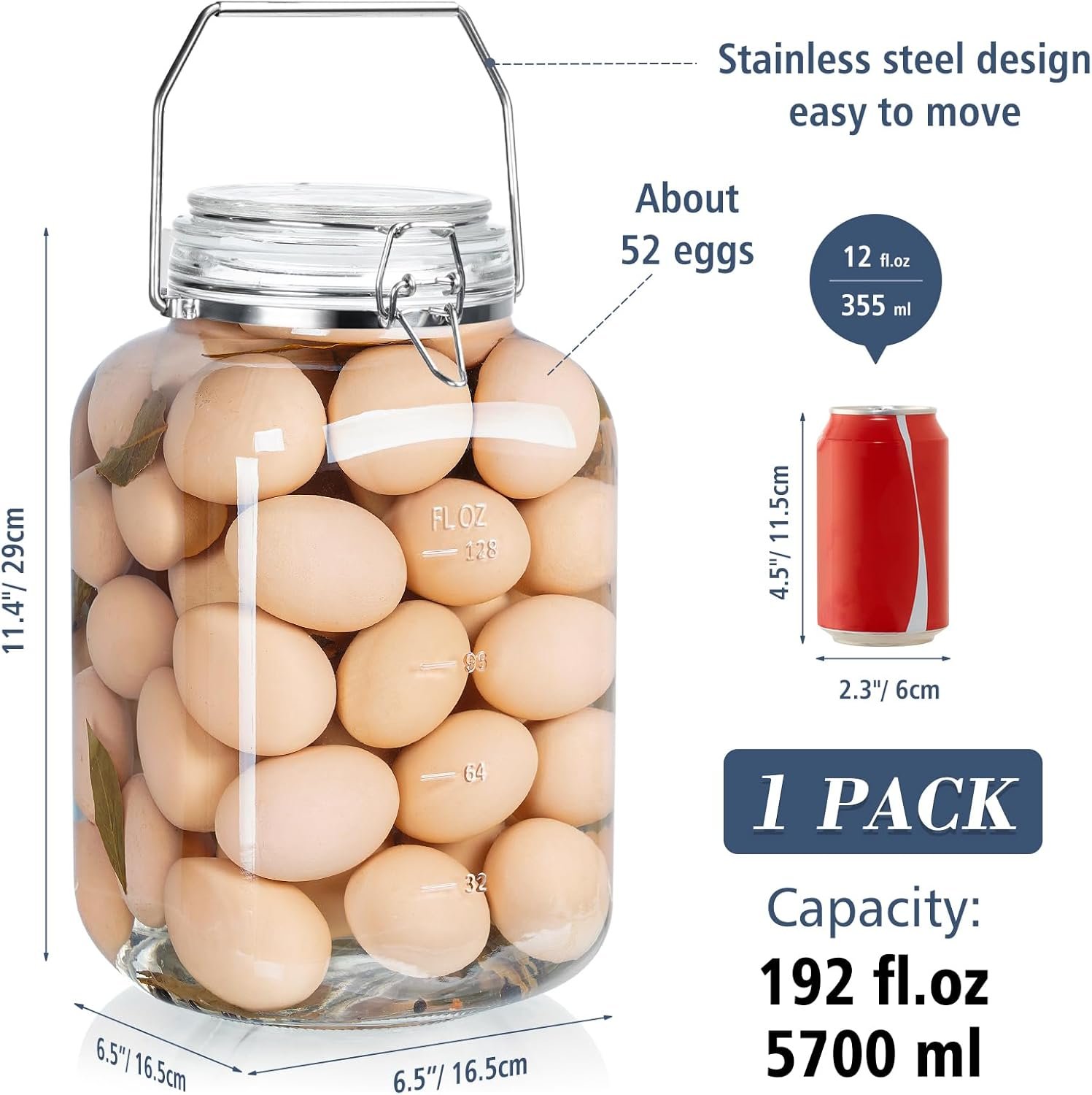 Folinstall 1.5 Gallon Glass Jar with Airtight Lid, Square Wide Mouth Mason Jars with Stainless Steel Handle, Large Glass Storage Containers for Canning, Flour, Sugar, Fermentation, Rice, Pickled Eggs - Image 5