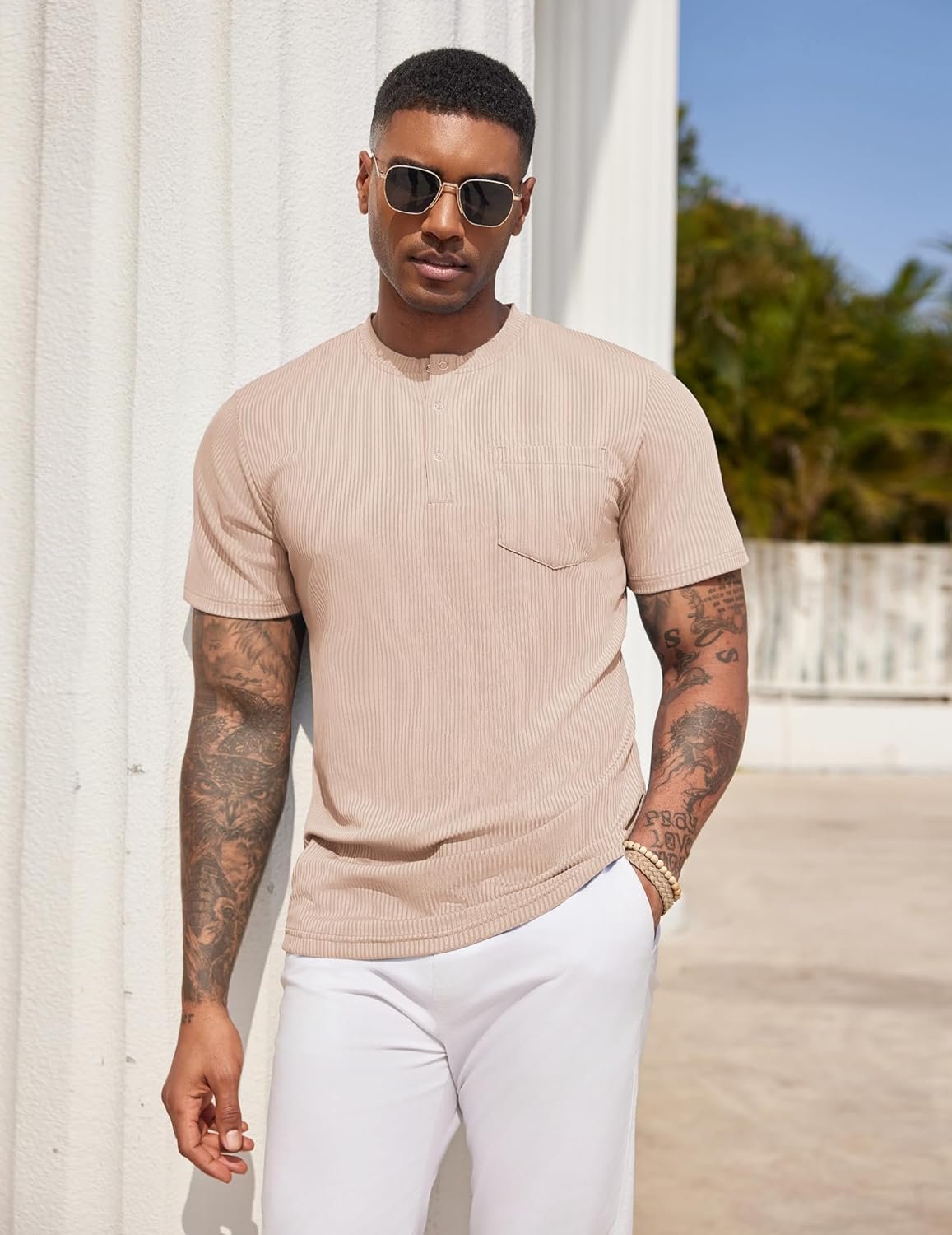 COOFANDY Mens Henley Shirts Short Sleeve Tshirt Basic Button Tees Summer Ribbed Pocket T Shirt Casual Stretch Tops - Image 3