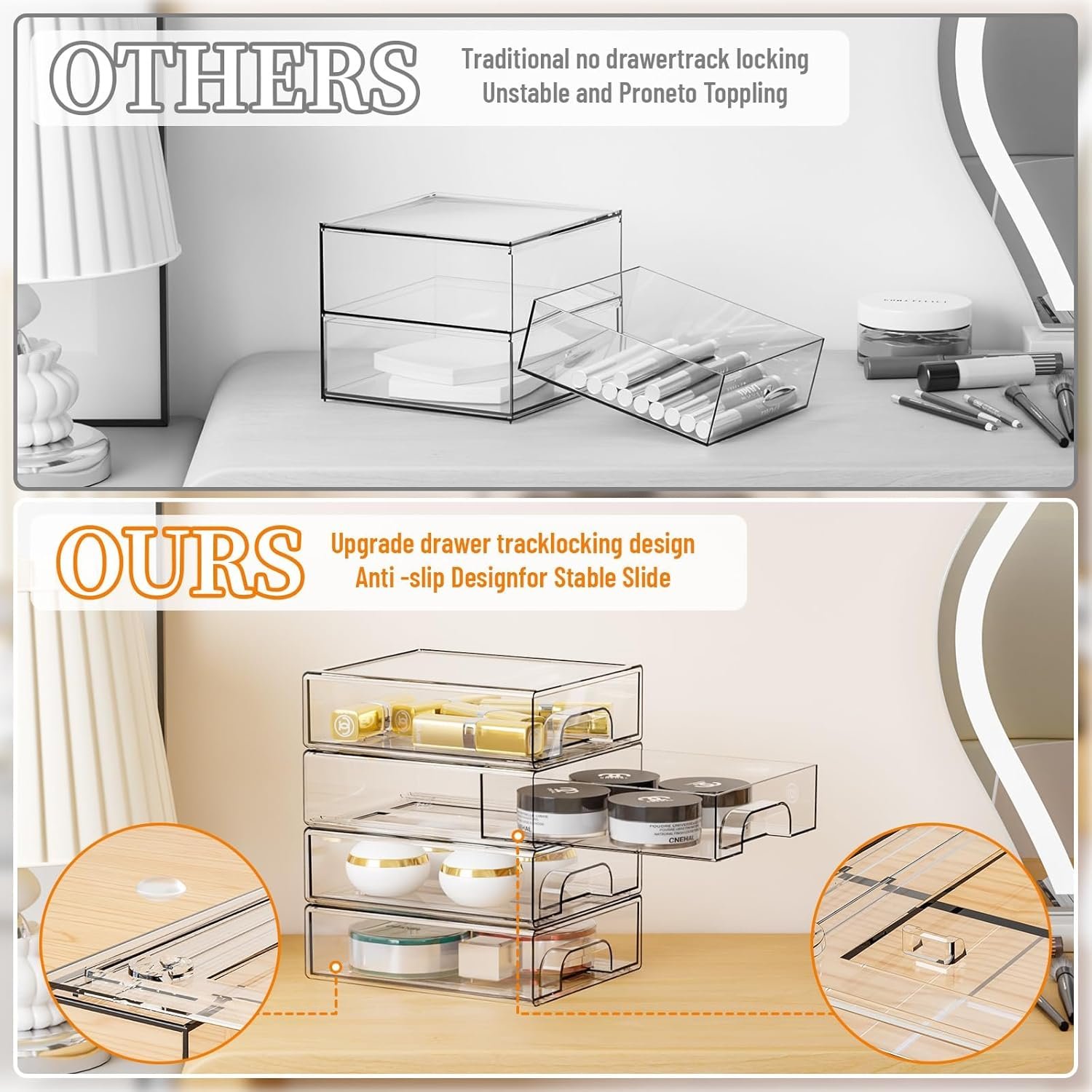 Yieach 2.2'' Tall Acrylic Clear Stackable Storage Drawer Organizer,8 Pack Desk Organization and Storage,Plastic Office Supply Organizer,Drawer Storage Organizer for Makeup,Accessory,Pen,Art Crafts - Image 6