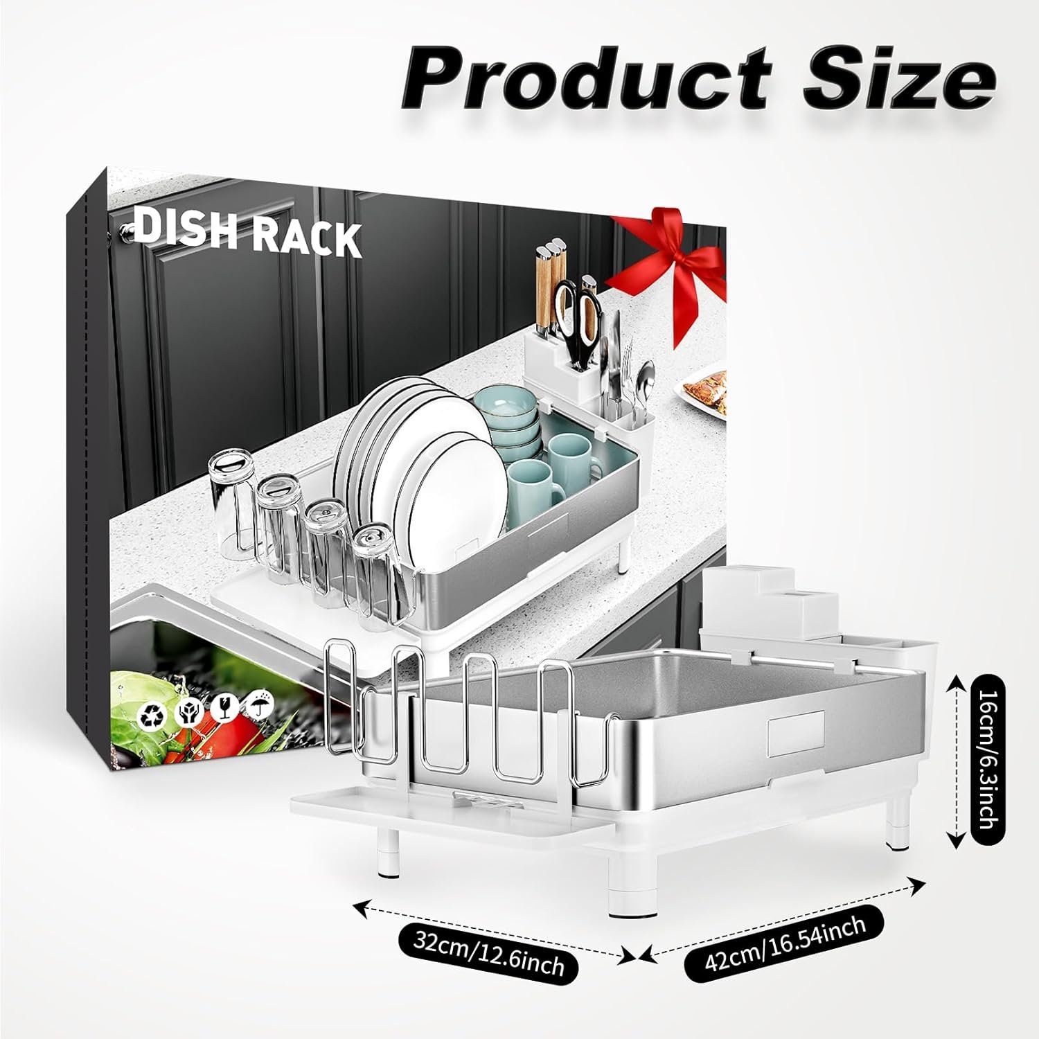 Dish Drying Rack, 304 Stainless Steel Dish Racks for Kitchen Counter, Dish Drainers with Automatic Drainage, Utensil Holder & Cups Holder, Space Saving Kitchen Organizer, White - Image 3