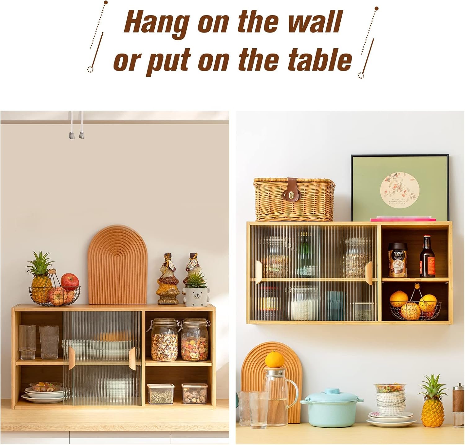 HollyHOME Bamboo Wall Mounted Kitchen Pantry Sideboard with 2 Doors and Adjustable Shelves, Freestanding Wall Storage Cabinet with Shelf for Bottle, Dish, Bowl, Console Dining Cupboard, Burlywood - Image 6