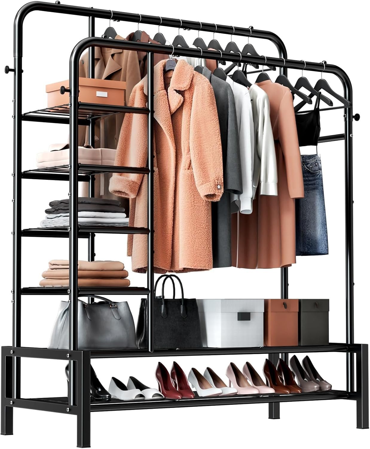 Clothes Rack, Double Rods Clothing Rack with 2 Bottom Shelves & 4 Side Shelves, Metal Garment Rack for Hanging Clothes, Heavy Duty Clothes Rack for Bedroom, Laundry, Living Room, Black - Image 2