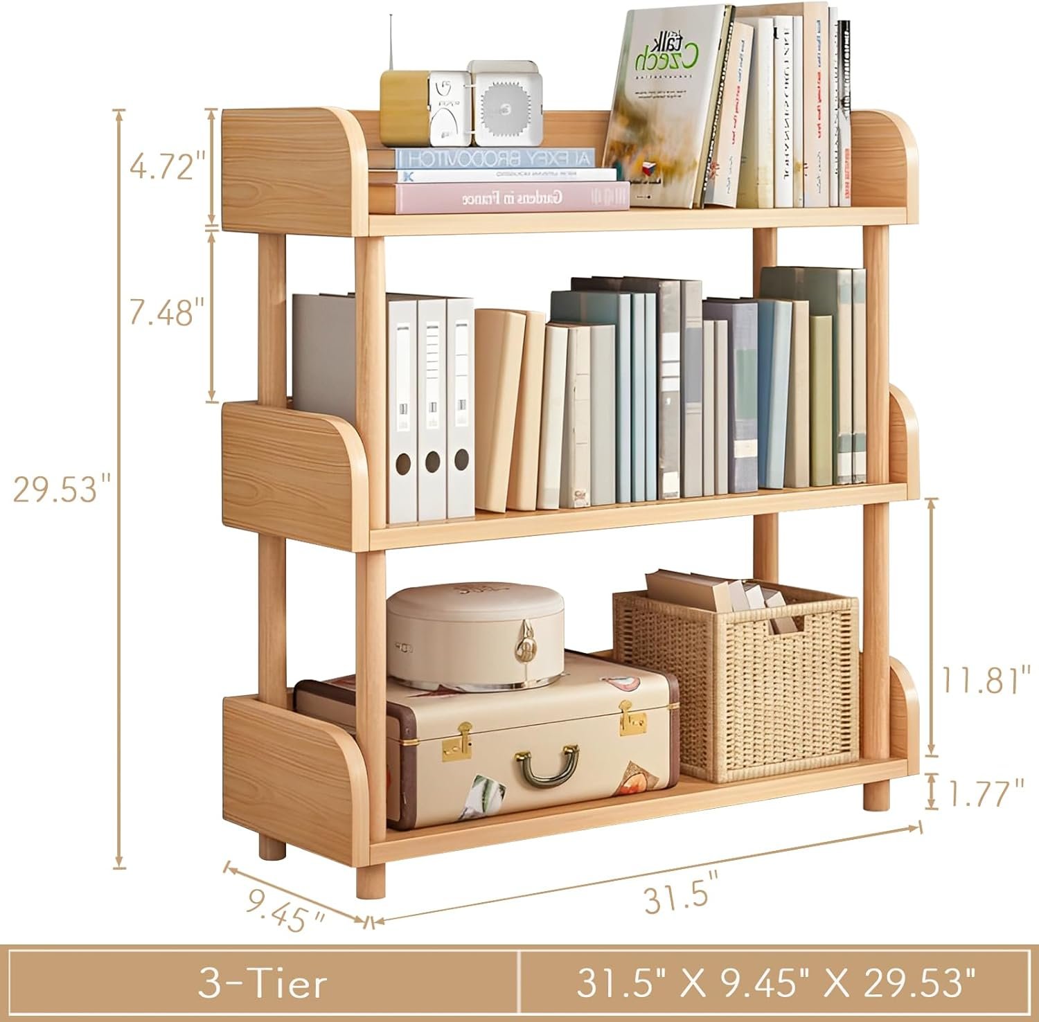 3-Tier Wooden Open Bookcase - Modern Display Bookshelf with Top Edge and Solid Wood Frame for Home and Office, Storage Cabinet, Oak - Image 3