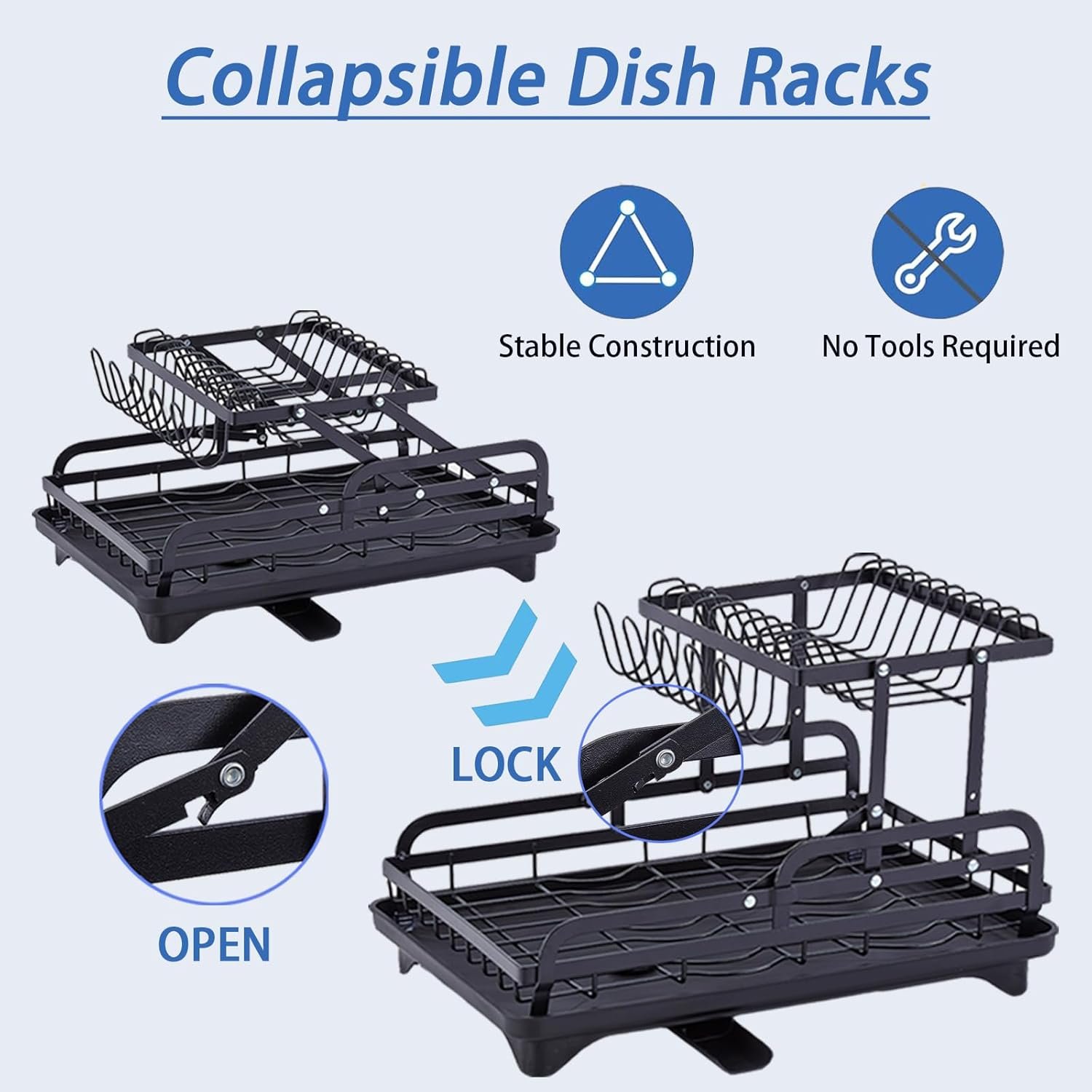 2-Tier Dish Drying Rack for Kitchen Counter - Large Collapsible Dish Rack with Drainboard, Rustproof & Non-Slip Design, Space Saving Dishwasher Rack Dish Drainer -Black - Image 2