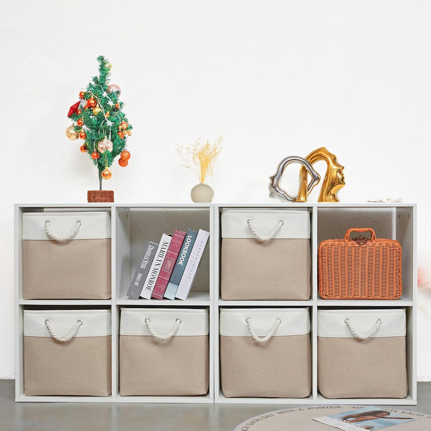13 x 13 Inch Storage Cubes,6 Pack Cube Storage Bins for Shelves,Fabric Collapsible Storage Bins with Handles, Foldable Storage Basket for Organizing Clothes, Toys, Books (White&Beige) - Image 3