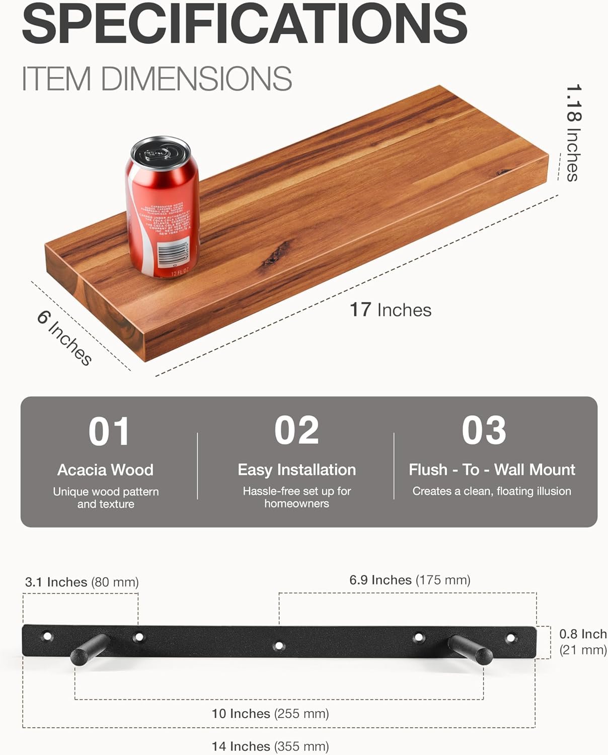 BATODA Set of 2 17" Acacia Wood Floating Shelves Wall Mounted – Rustic Farmhouse Wooden Wall Storage Shelf for Bedroom, Kitchen, Home Décor - Brackets and Shelving Mounting Hardware Included - Image 4