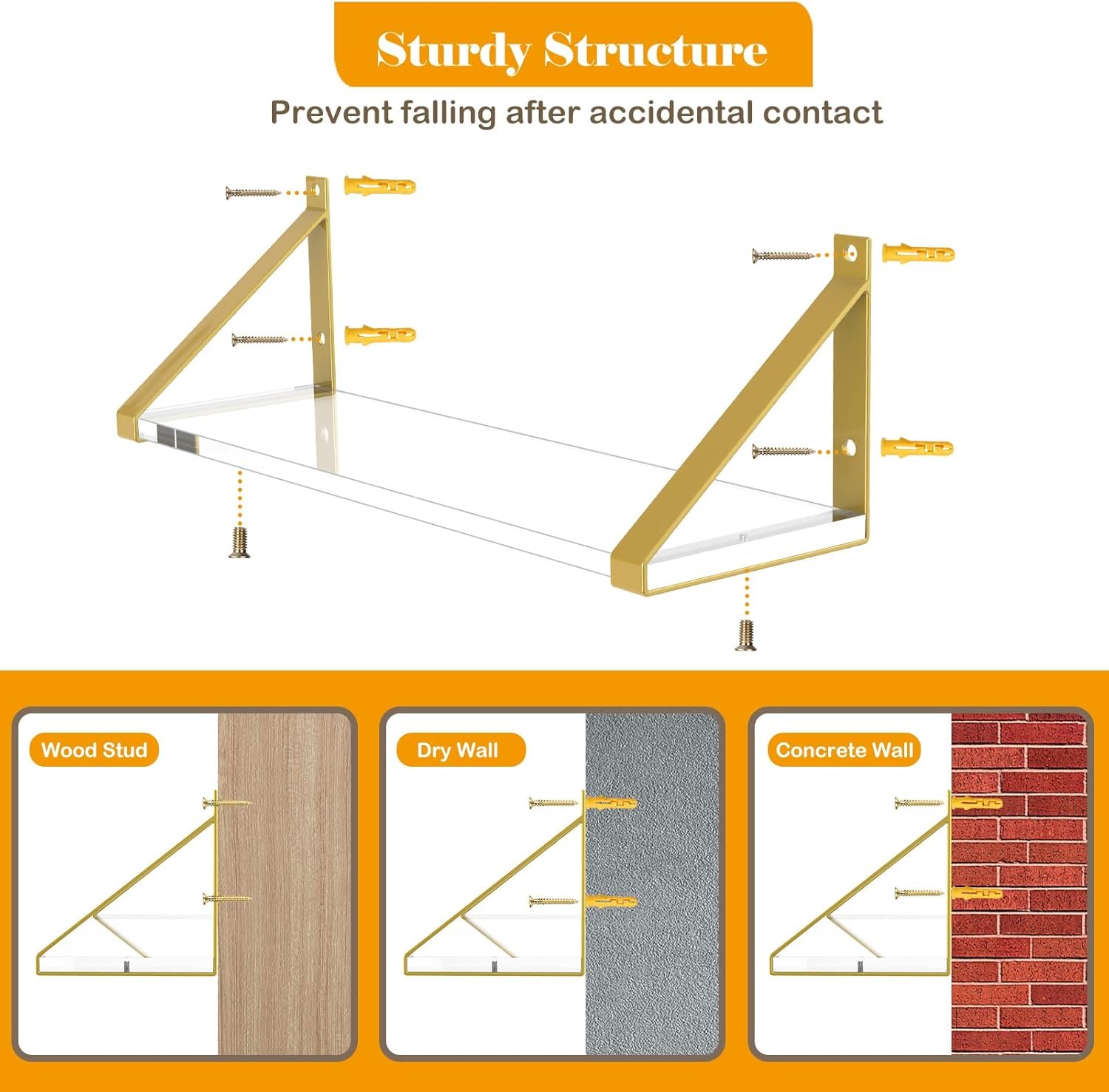 Clear Shelves, Gold Floating Shelves Wall Mounted Set of 2, 8mm Transparent Acrylic, Invisible Wall Shelves for Bedroom, Living Room, Bathroom, Kitchen, Office Display Decor (15in) - Image 6