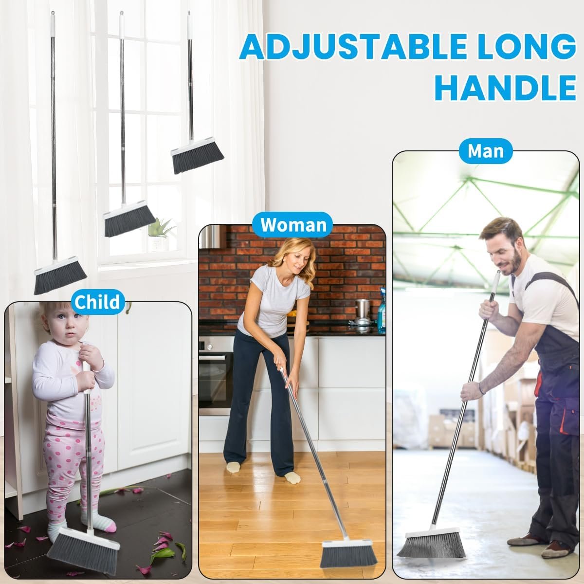 Stand Up Dustpan and Broom Set 50” Long Handle Broom with Dust Pan, 20° Angled for Ergonomic Home Office Indoor Sweeping - Image 7