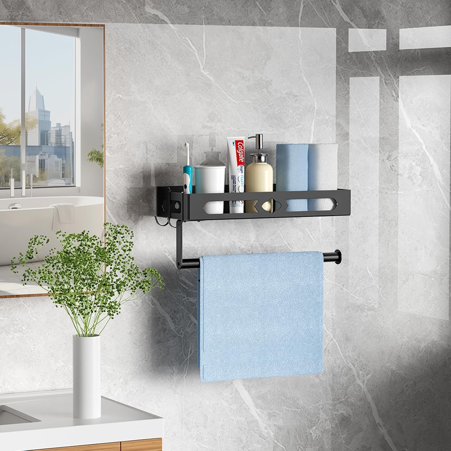 Paper Towel Holder with Shelf for Bathroom, Kitchen Paper Holder Spice Rack Paper Towel Roll Holder Wall Mounted Paper Towel Holder with 2 Hooks(2 Installation Methods - Self-Adhesive and Drilling) - Image 9