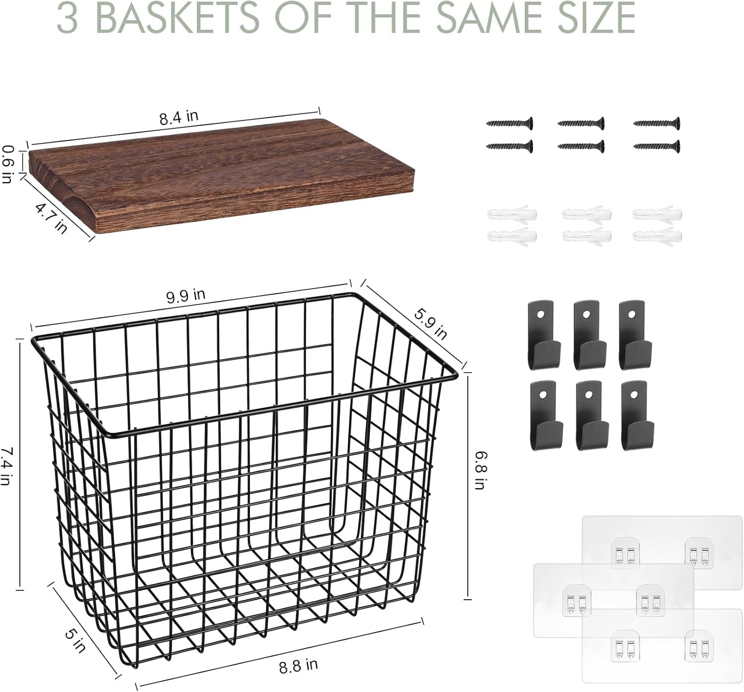 Wall Hanging Baskets 3 Pack, Diversified Wire Basket Shelves of Wooden Style, with Wall Mounted Hooks & Traceless Stickers, for Kitchen Coffee Bar Office Room Garage Storage Organization (Large) - Image 3