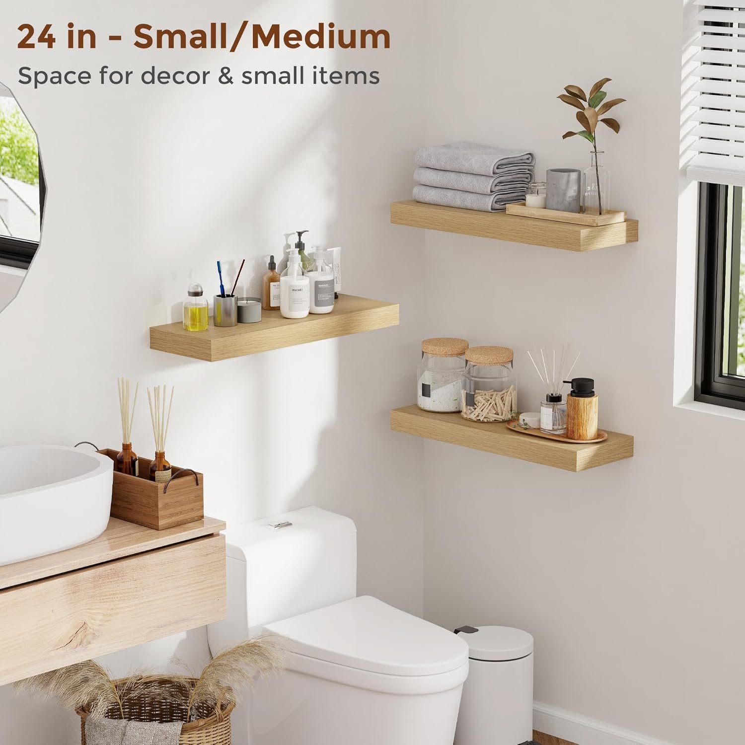 Heimlove 24 Inch Floating Shelves for Wall Oak Shelves Set of 2,Wall Mounted Rustic Wood 8 Inch Deep Floating Shelf with Invisible Brackets for Bedroom Kitchen Living Room - Image 7