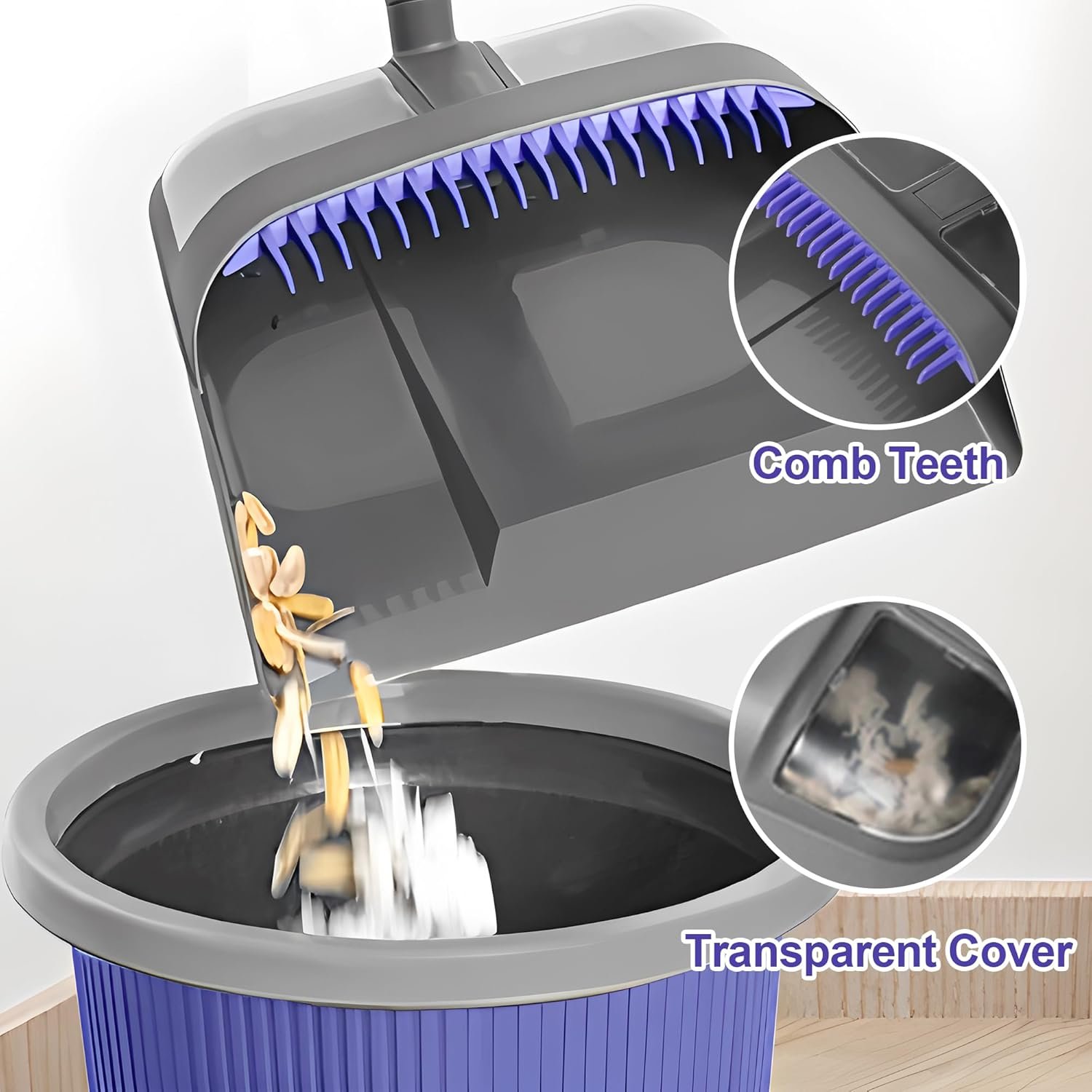 Collapsible Broom with Dustpan Combo, 54 Inch Long Handle Soft Bristle 180 Degree Swivel Brush Indoor Outdoor Kitchen Lobby Dorm Room Classroom, Small Vertical Dustpan with Combing Teeth - Image 5