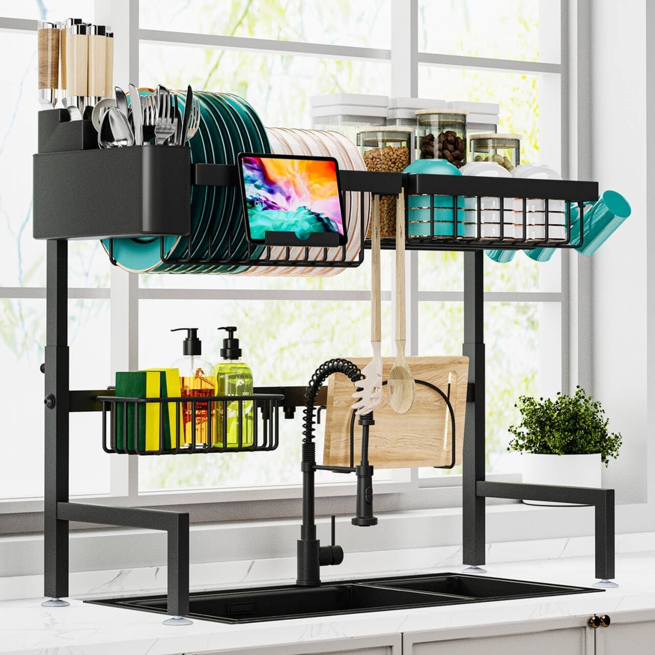 Over The Sink Dish Drying Rack (Expandable Height and Length) Snap-On Design 2 Tier Large Dish Rack (23" - 34" L x 11" W x 19" - 21.5" H) - Image 2