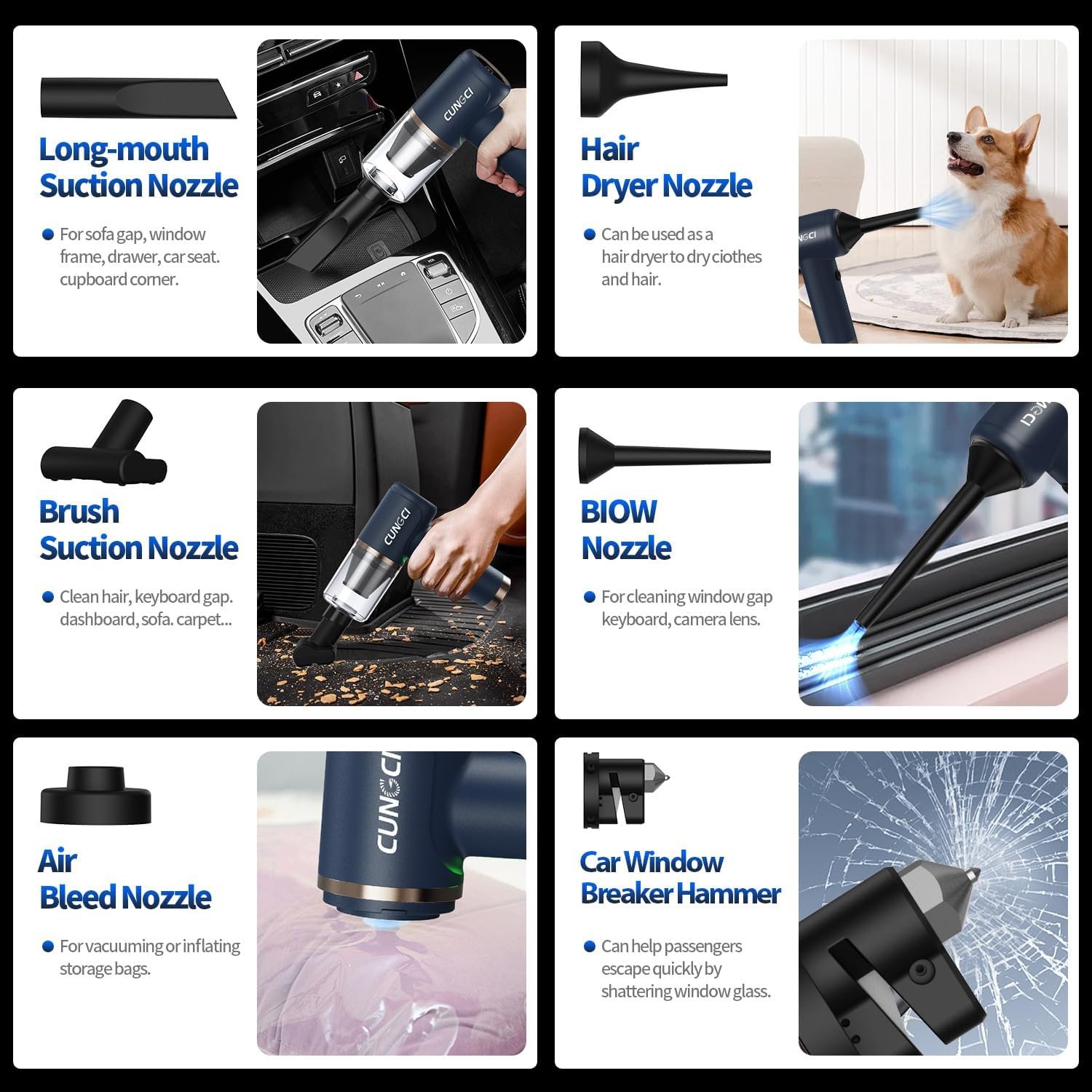 Car Vacuum Handheld Vacuum Portable Cordless, 18000Pa 5 in 1, 100W Brushless Motor, High Power Vacuum Cleaner with Window Breaker Hammer, LED Light, Multi-Nozzles for Car, Home, Pet, Office - Image 5