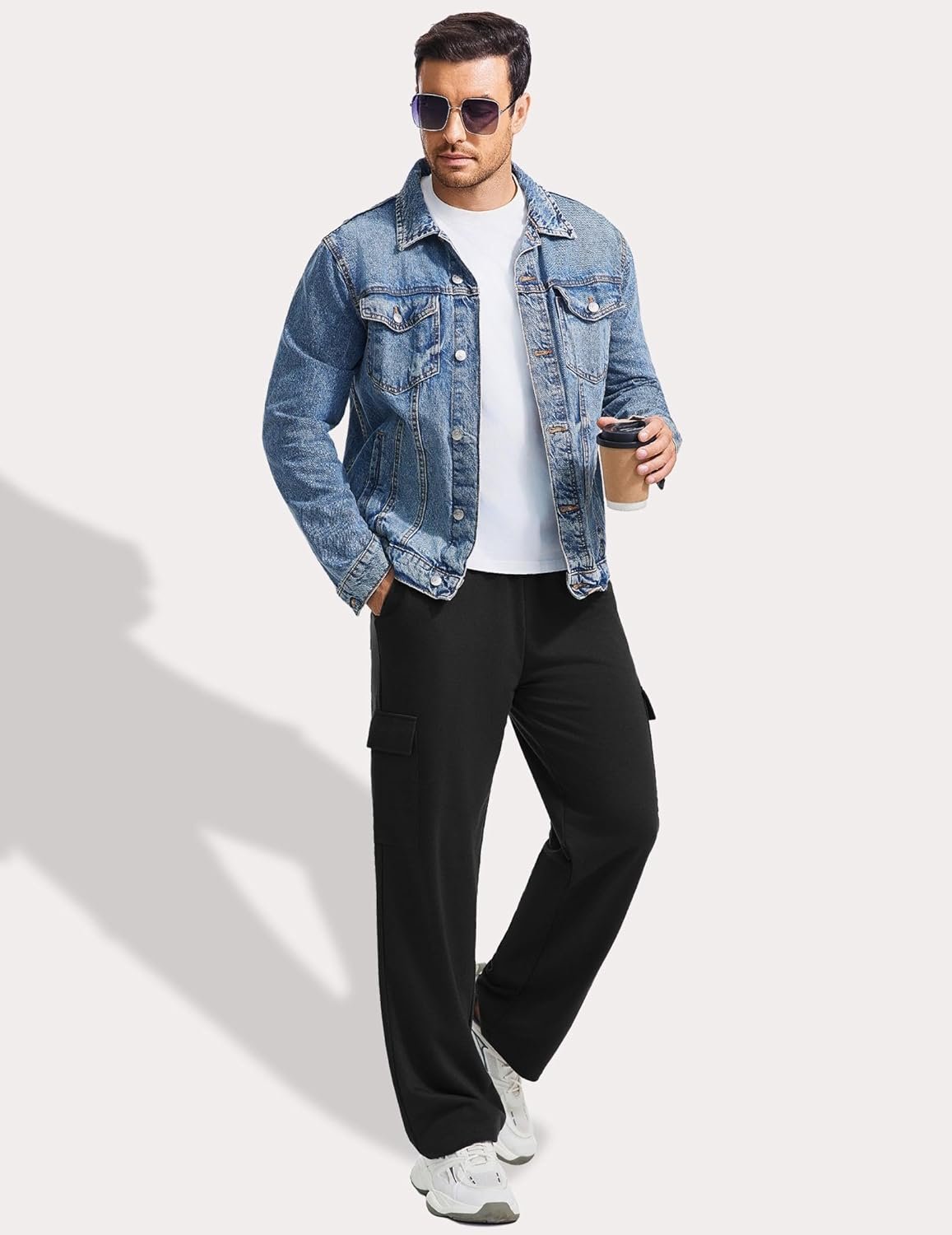 PINSPARK Men's Cargo Sweatpants with Pockets Open Bottom Baggy Cotton Jogger Sweatpants Uncuffed Lounge Pants Straight Leg - Image 4