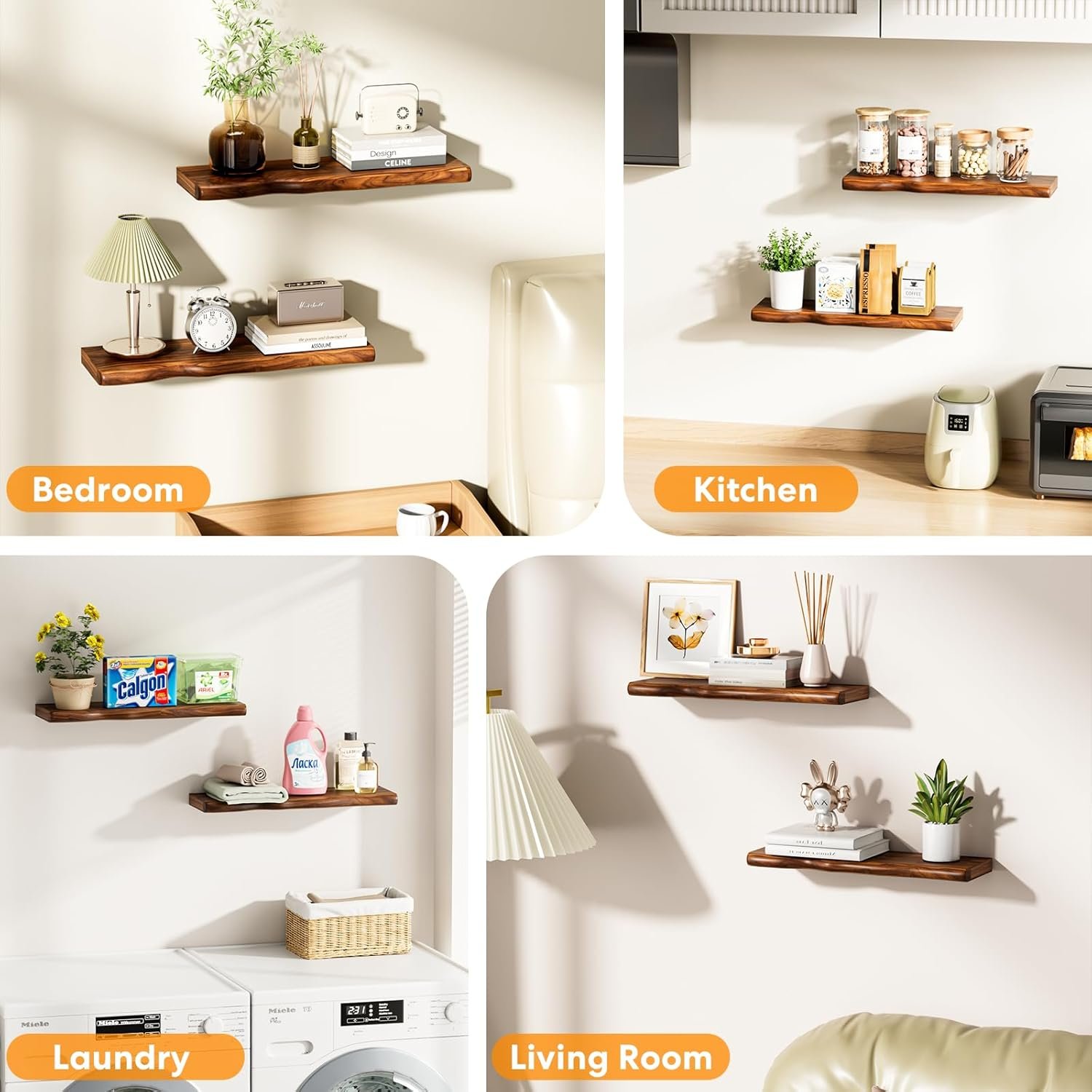 Floating Shelves for Wall Rustic Farmhouse 36 Inch Floating Shelf Bathroom Wooden Shelves for Wall Mounted Live Edge Pine Shelf with Unique Natural Grain for Living Room Bedroom Kitchen (Walnut) - Image 9