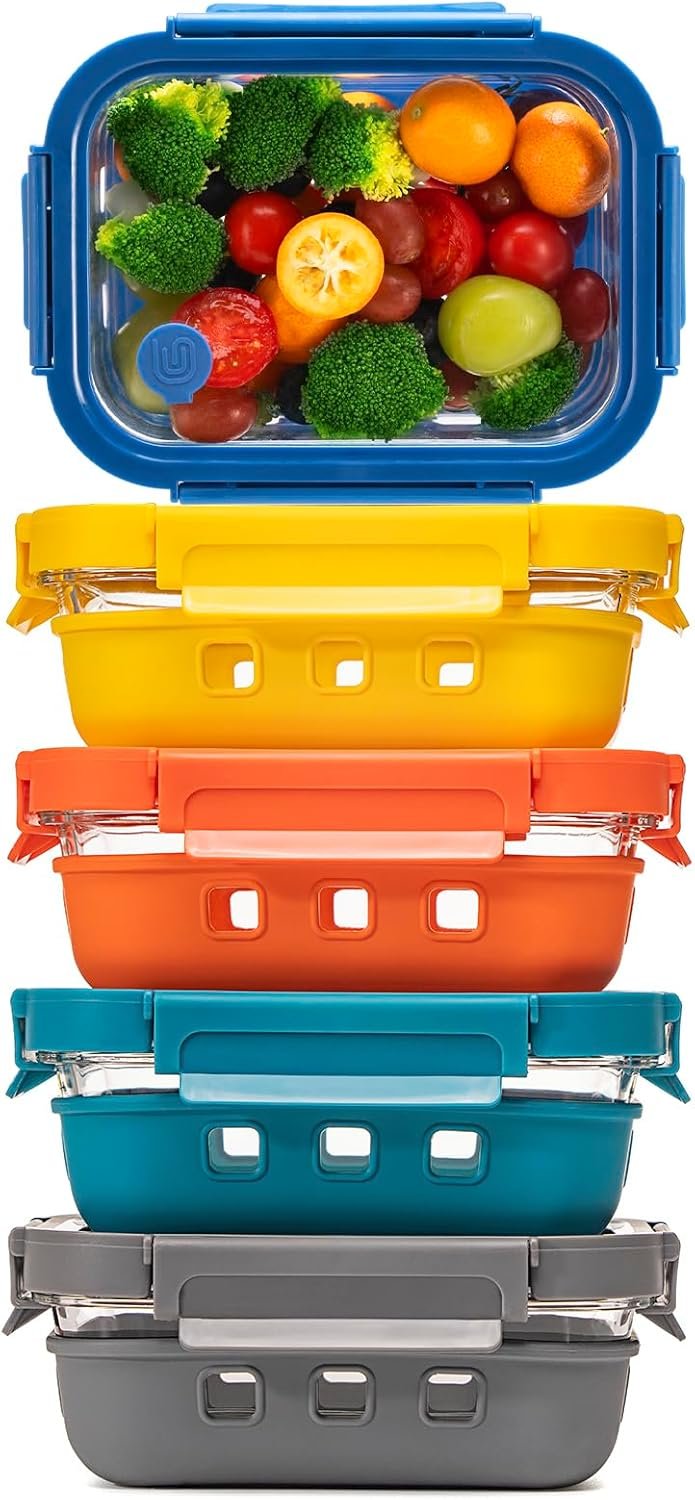 GENICOOK Glass Food Storage Containers with Glass Lids, Microwave Safe Food Container Set, Aitight Meal Prep Container Set, LeakProof, slicone sleeve,100% Plastic Free, 5 Pack 22oz - Image 2