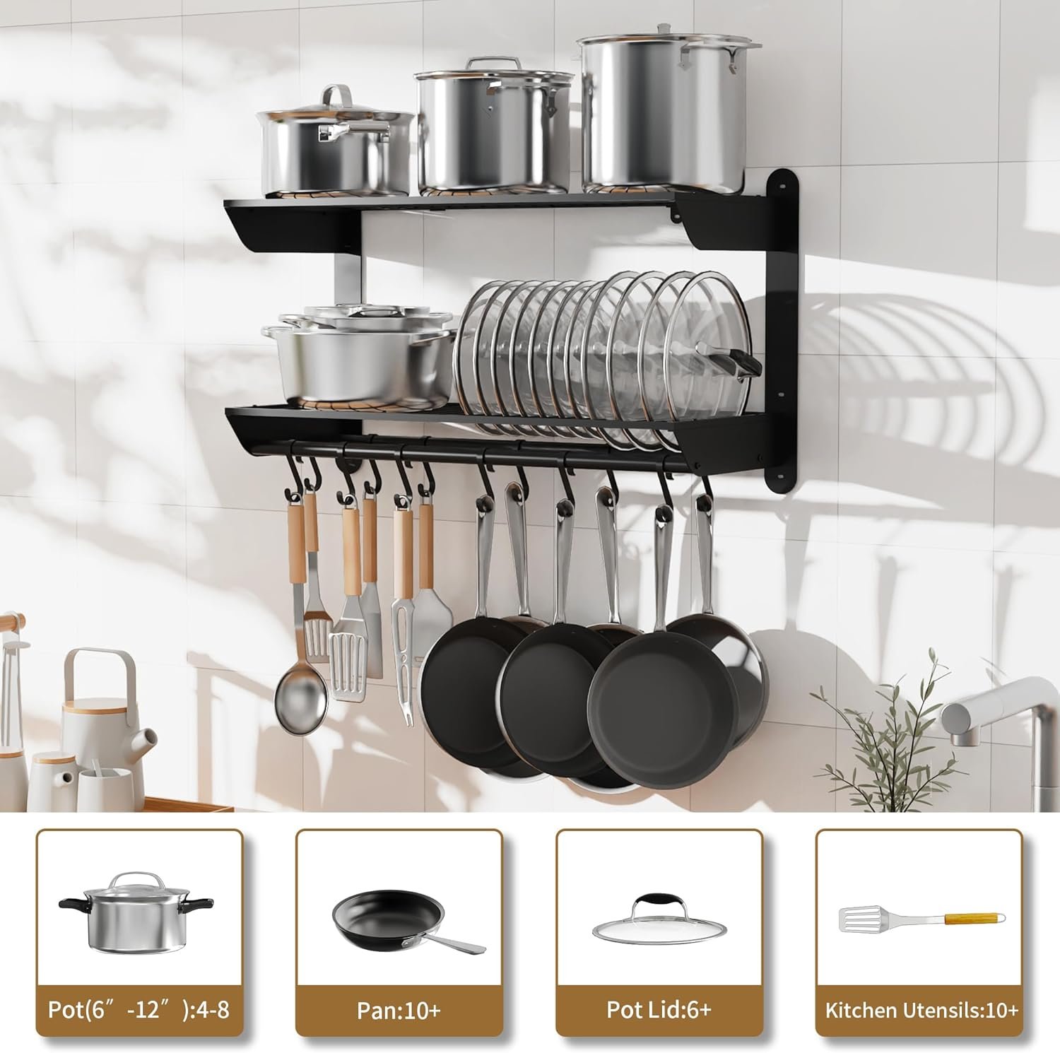 YIGII 30 Inch Pot Rack Wall Mounted, 2-Tier Pots and Pans Organizer with 12 Anti-Drop Hooks, Heavy Duty Kitchen Wall Shelf for Cookware, Lids, Utensils, Black - Image 3