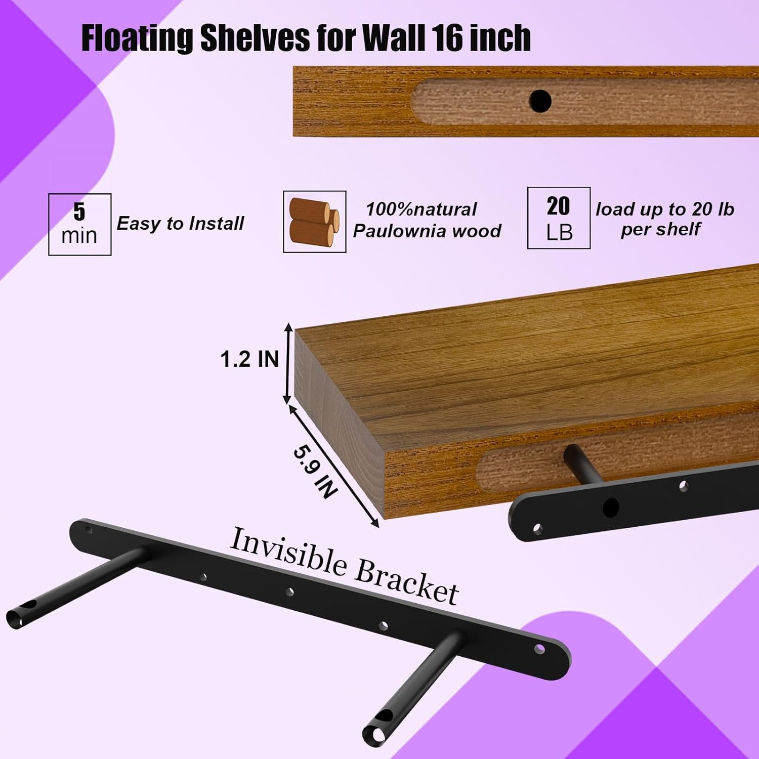 IAE Walnut Floating Wall Shelves 16 inch, Bathroom Shelves Wall Mounted,Invisible Shelf Floating Kitchen Shelves,Wooden Wall Shelving with Brackets for Living Room Wall Mounted,Easy Install,Set of 2 - Image 5