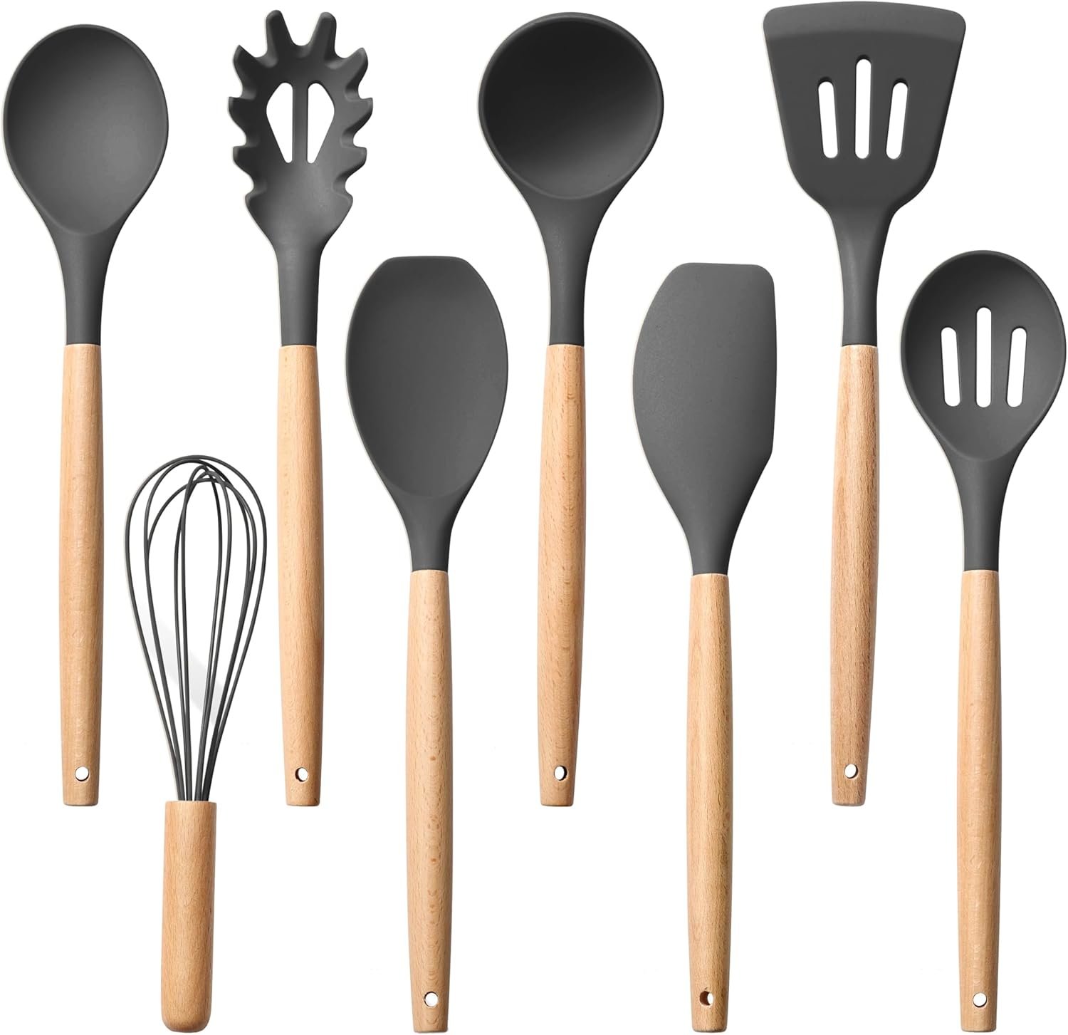 Herogo 8 Pcs Heat-Resistant Silicone Kitchen Utensils Set, Non-Stick Food-Grade Cooking Utensils with Wooden Handle, Includes Spatula Spoon Turner Server Whisk Ladle for Baking, Cooking (Dark Gray) - Image 2