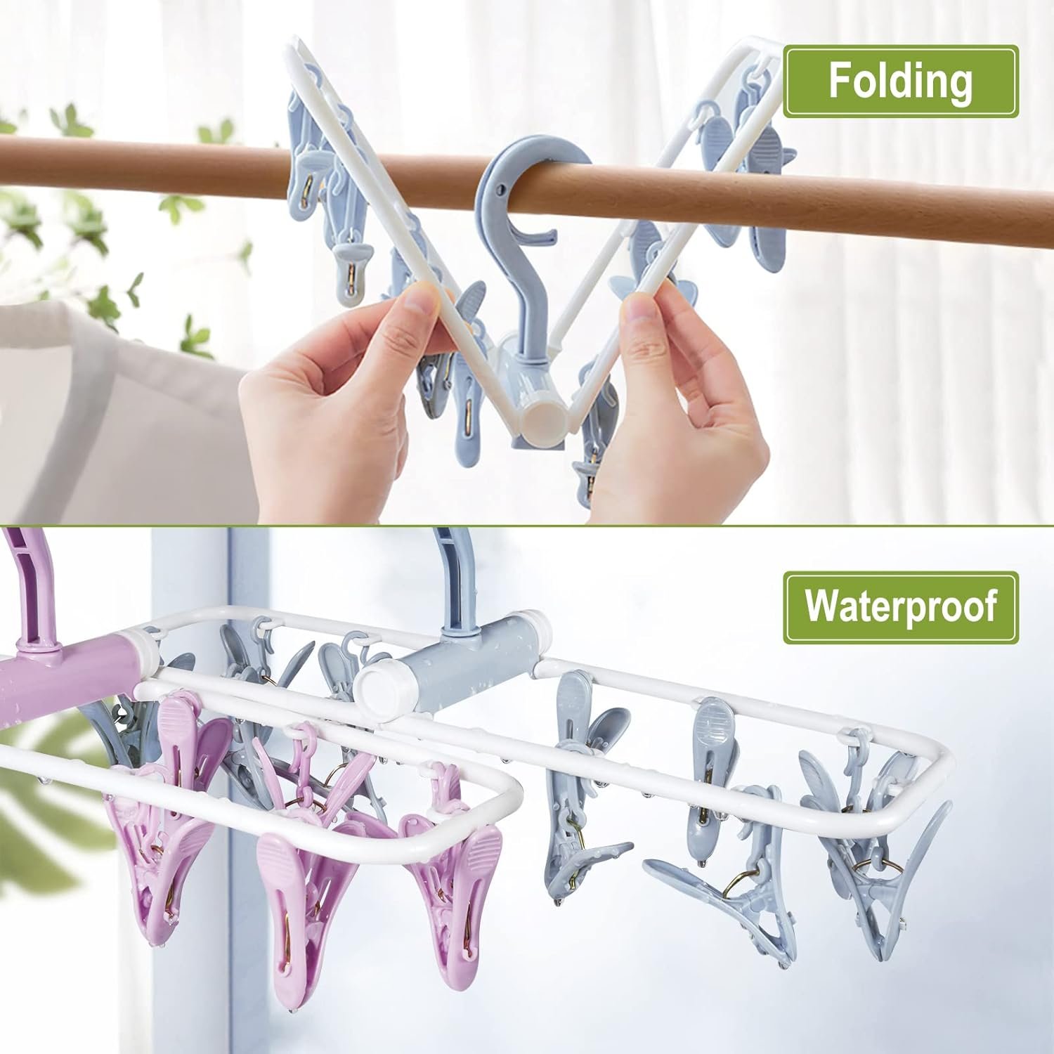 Clothes Drying Hanger with 12 Clips, 2 Pack Folding Portable Hanging Drying Rack,Drip Foldable Hanging Rack, 360° Rotatable Hook for Drying Towels Bras Baby Clothes Gloves Plastic(Blue&Purple) - Image 4